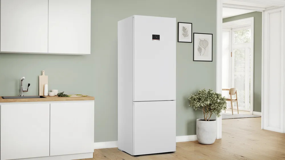 Biała lodówka w kuchni z jasnozieloną ścianą, ze zlewem i rośliną.