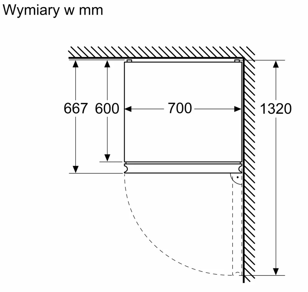 Schemat pokazujący wymiary lodówki, z wymiarami w milimetrach.