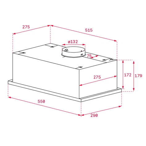 Esquema de un electrodoméstico, que muestra las dimensiones en milímetros. La forma es rectangular con ventilación redonda.