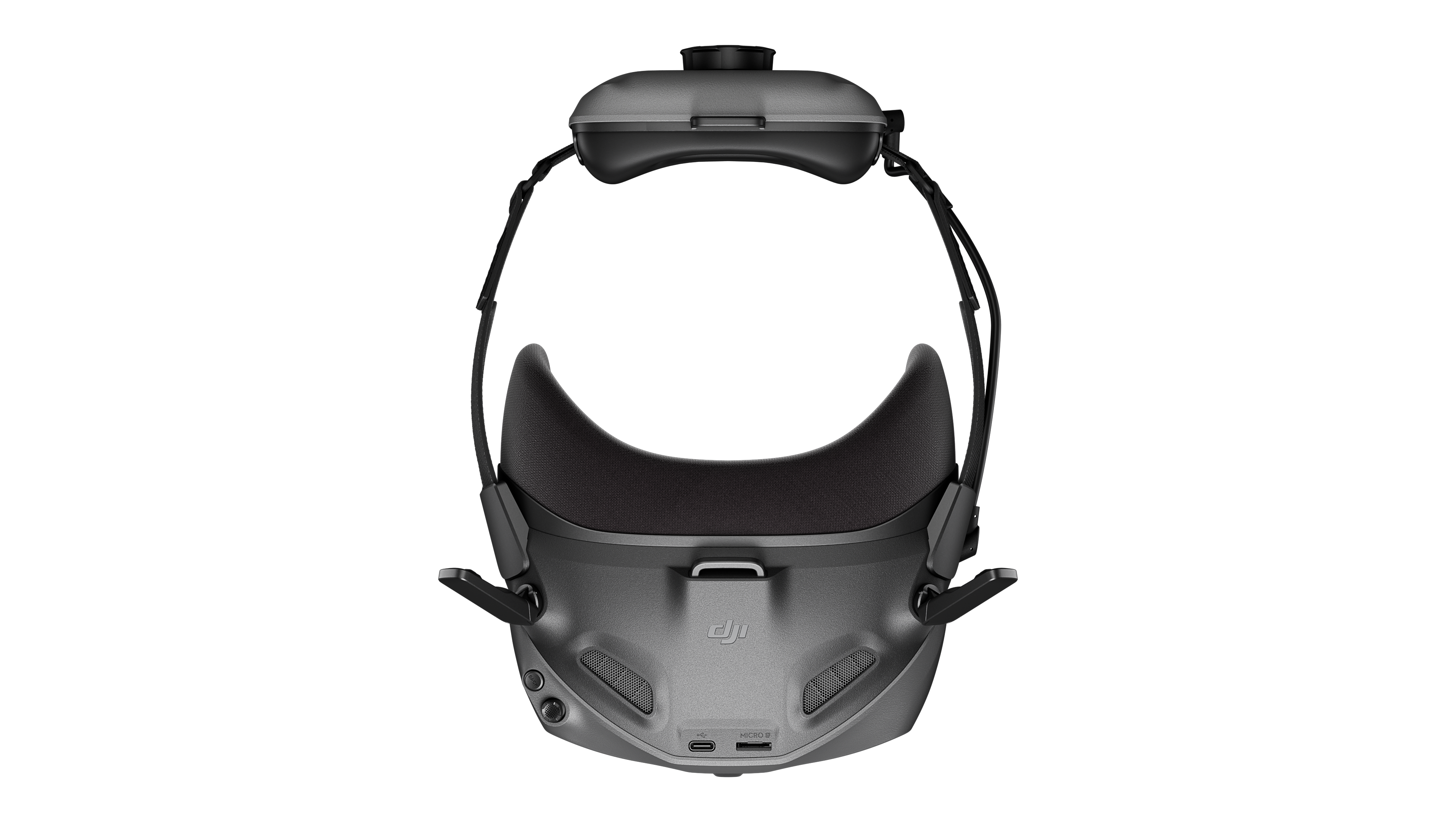 Schwarzes VR-Headset. Es hat einen Riemen und Anpassungen an den Seiten und oben.