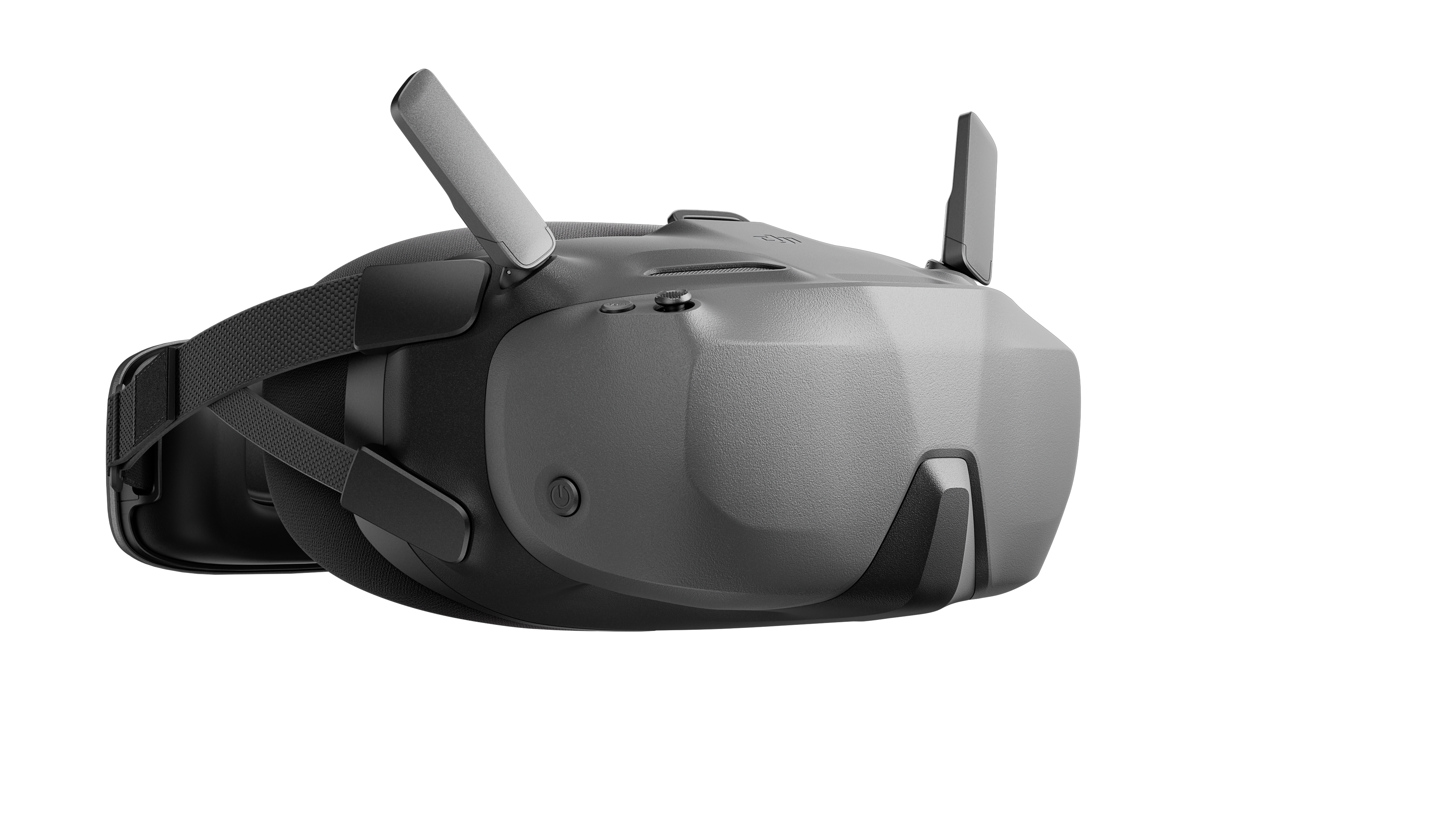 Graues VR-Headset mit zwei Antennen, isoliert auf Weiß.