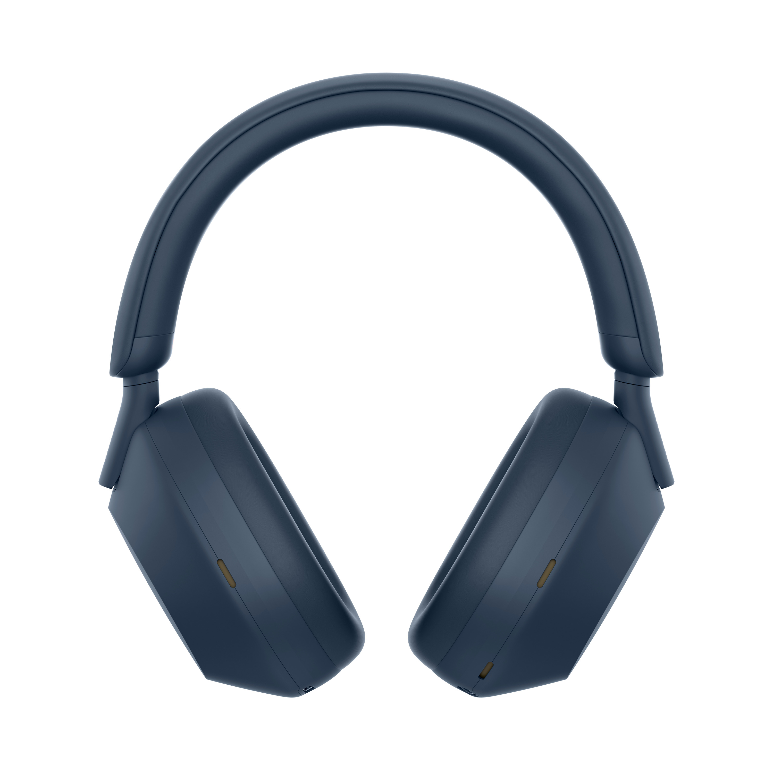 Un par de auriculares supraaurales azul oscuro sobre un fondo blanco. El marco es circular.