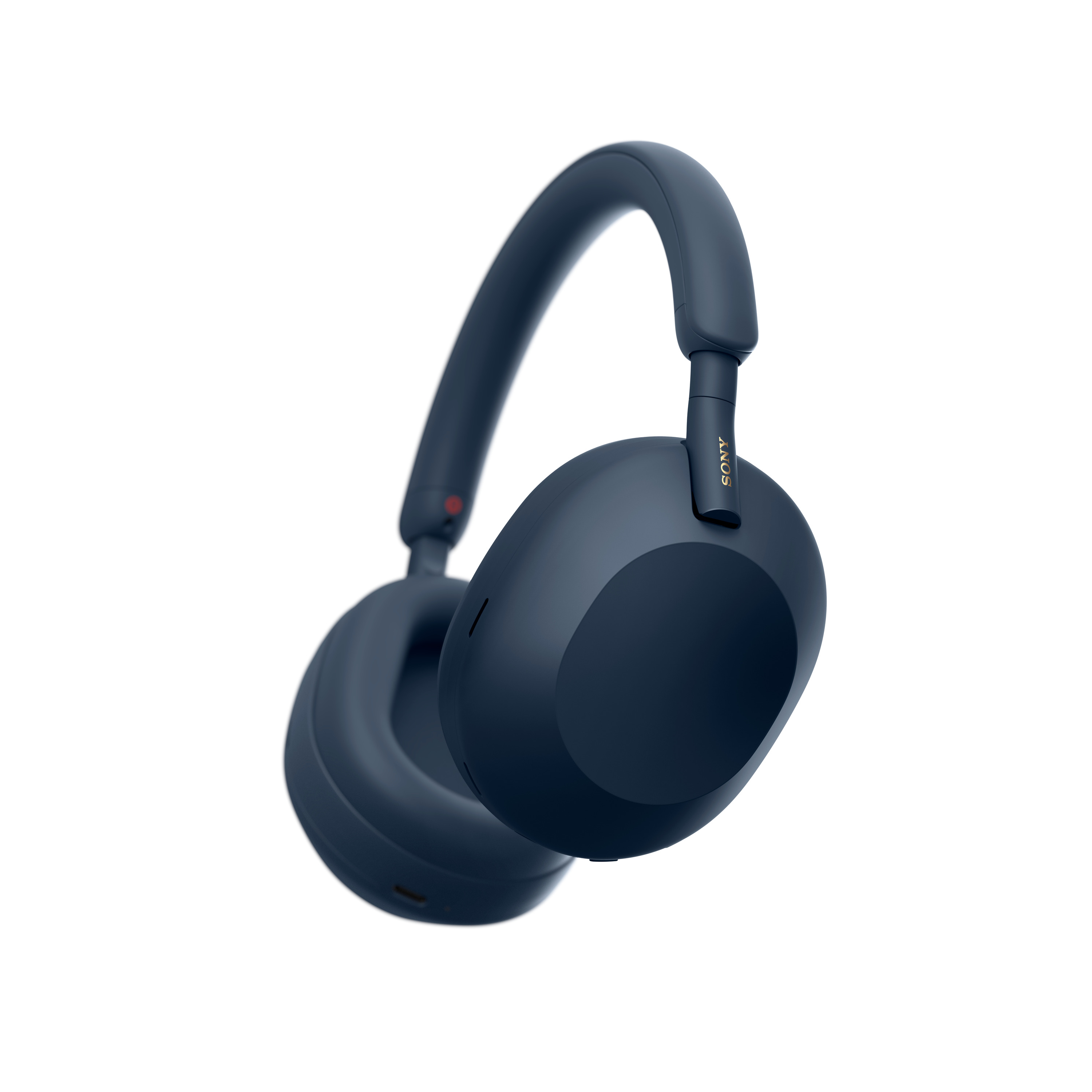 Auriculares azul oscuro, en ángulo, sobre fondo blanco. La marca 'SONY' es visible.