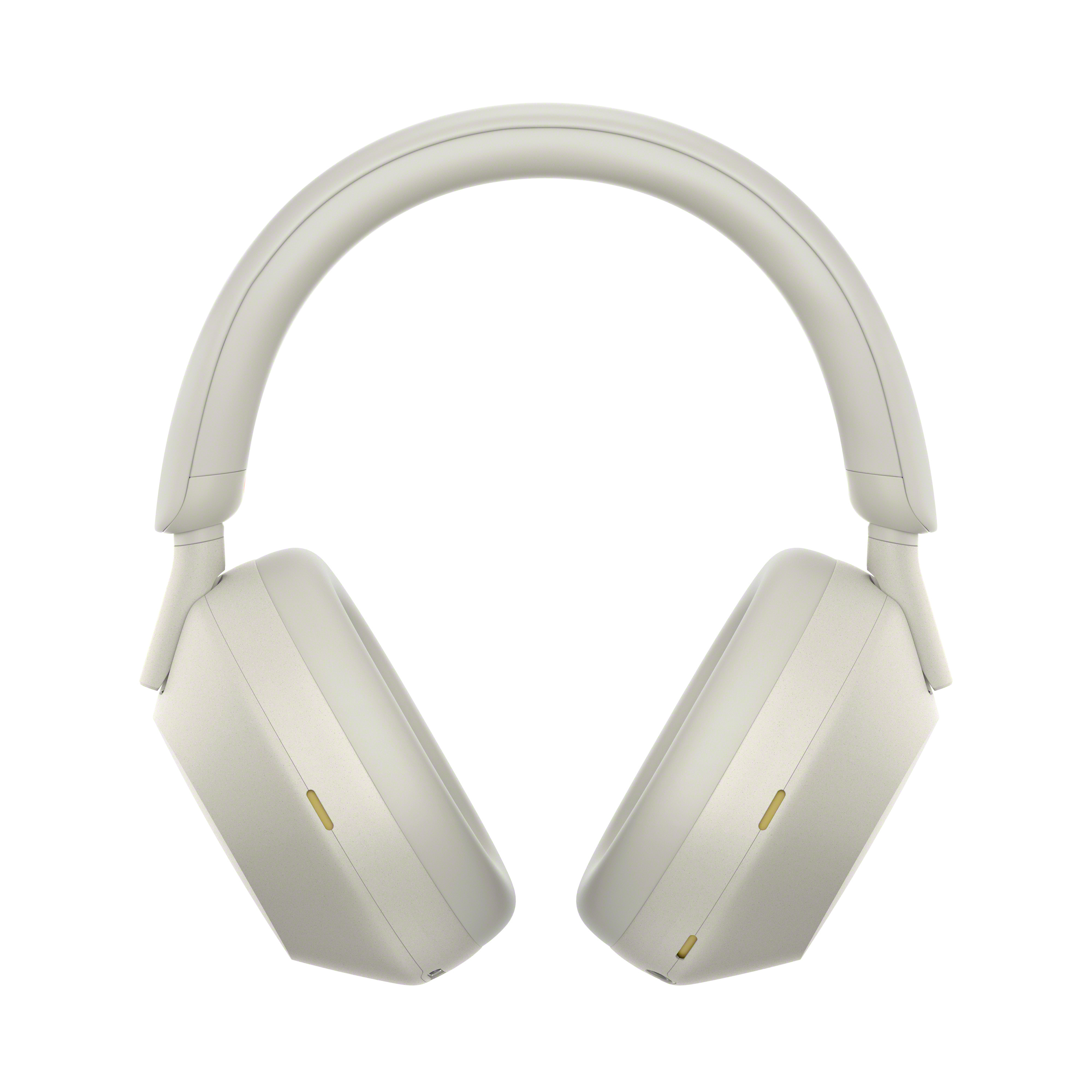 Auriculares blanquecinos con un diseño curvo, vistos desde el frente.