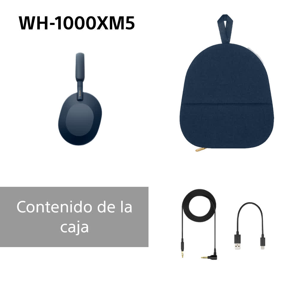 Auriculares, una funda de transporte y cables de carga dispuestos sobre una superficie blanca.