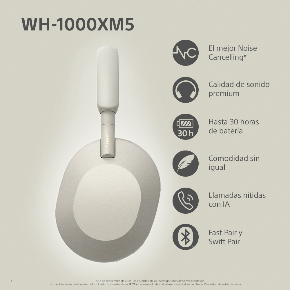 Auriculares Sony beige sobre fondo blanco. Incluye cancelación de ruido, sonido premium y 30 horas de batería.