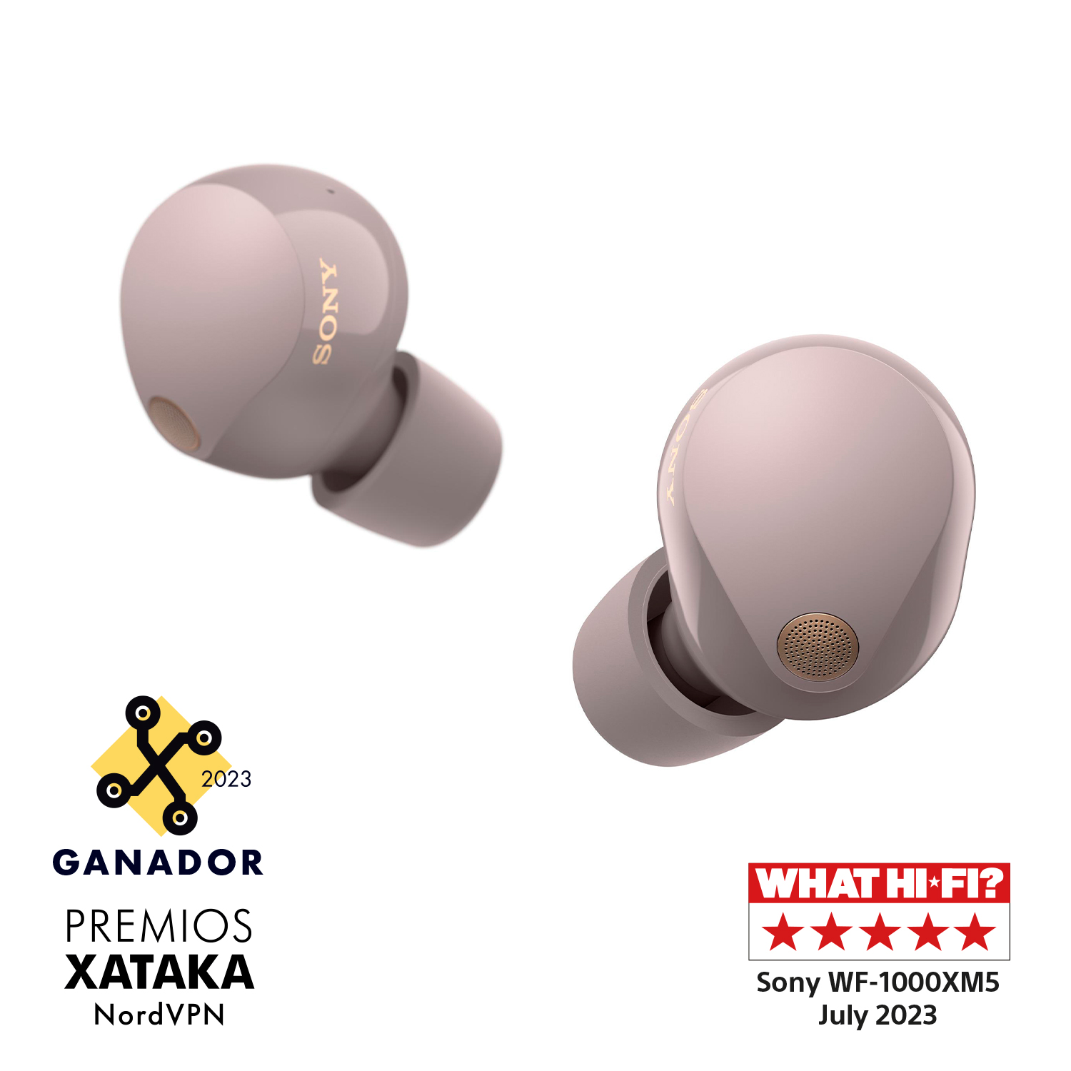 Dos auriculares color rosa sobre un fondo blanco. Tienen logotipos de premios.