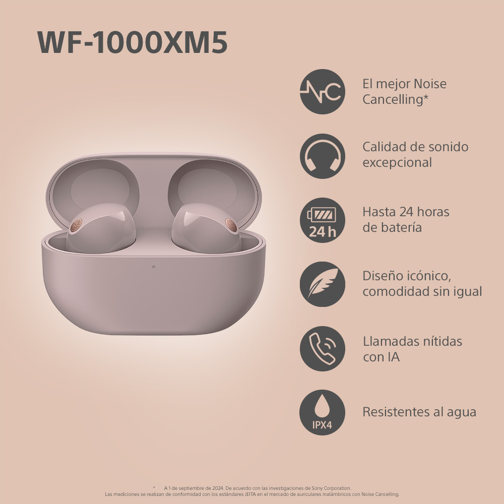 Auriculares WF-1000XM5, abiertos. Texto: Mejor cancelación de ruido, sonido excepcional, batería 24h.