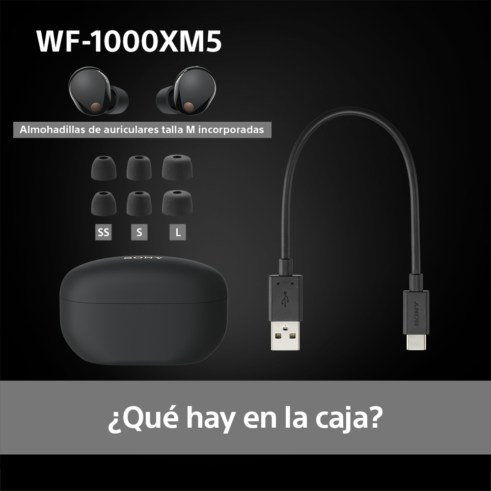 Auriculares negros, estuche de carga y accesorios, con cable USB-C, sobre superficie negra.