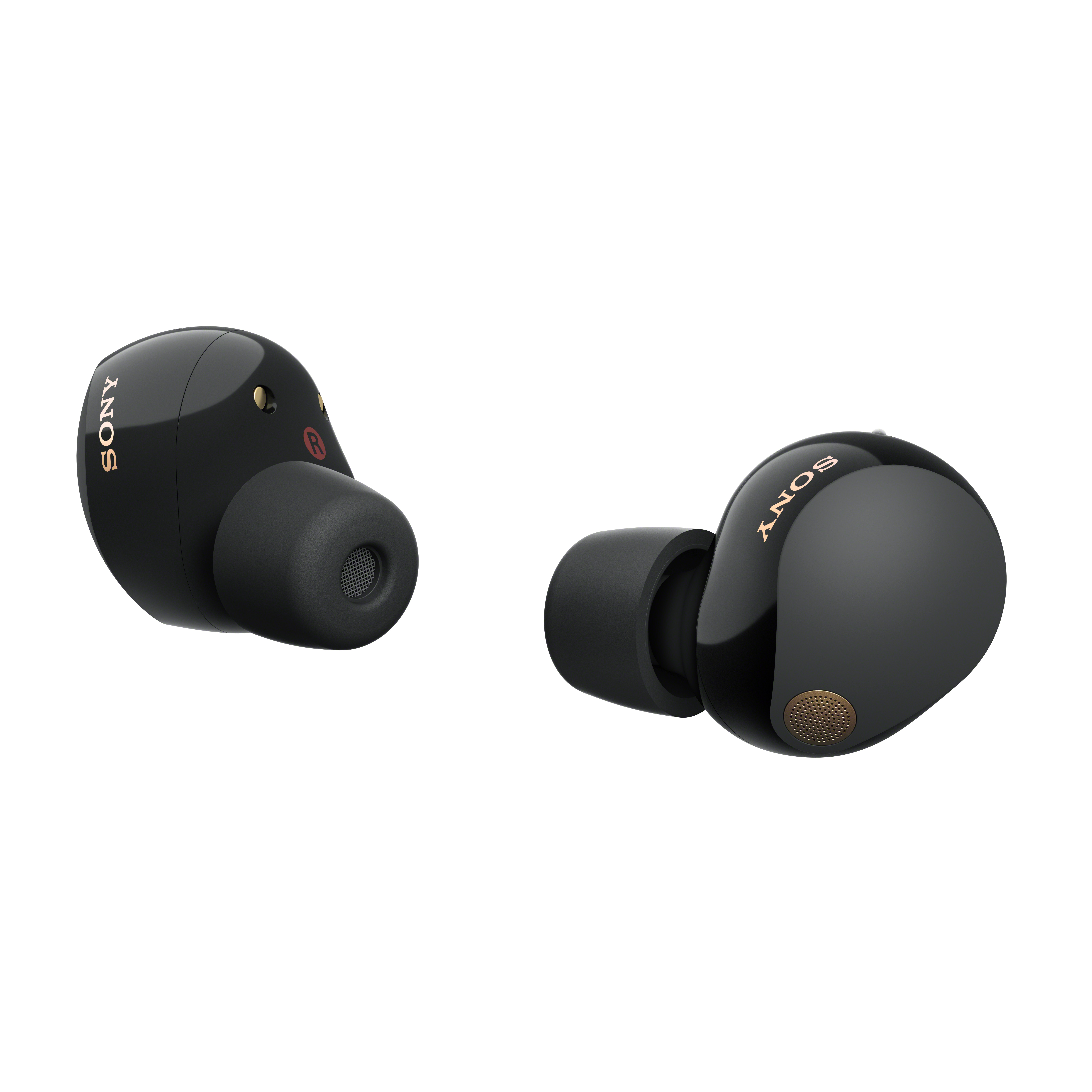 Auriculares Sony negros, vista de cerca, con marca en cada auricular.