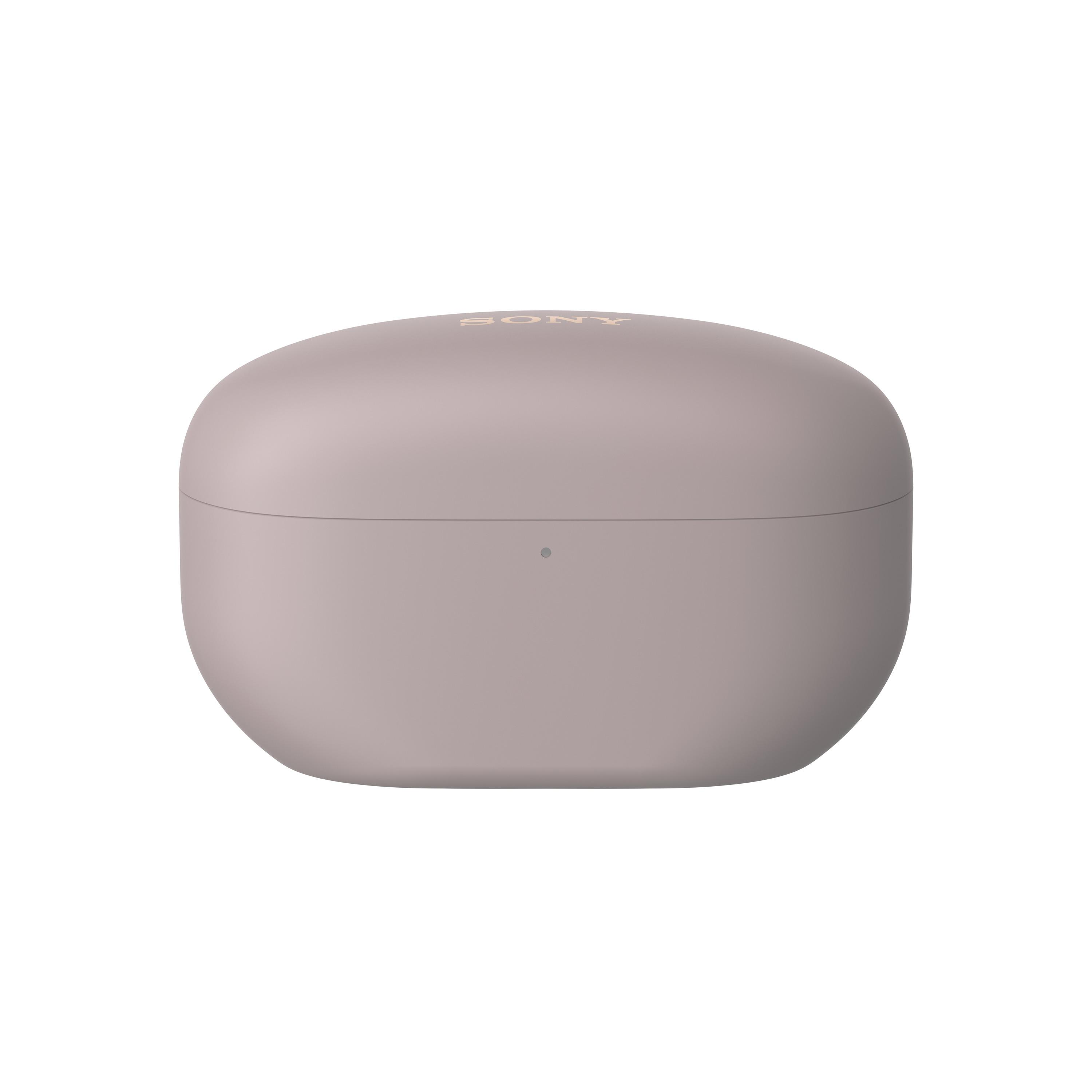 Estuche cerrado, morado claro y redondeado para auriculares, con la marca 'SONY' impresa arriba.