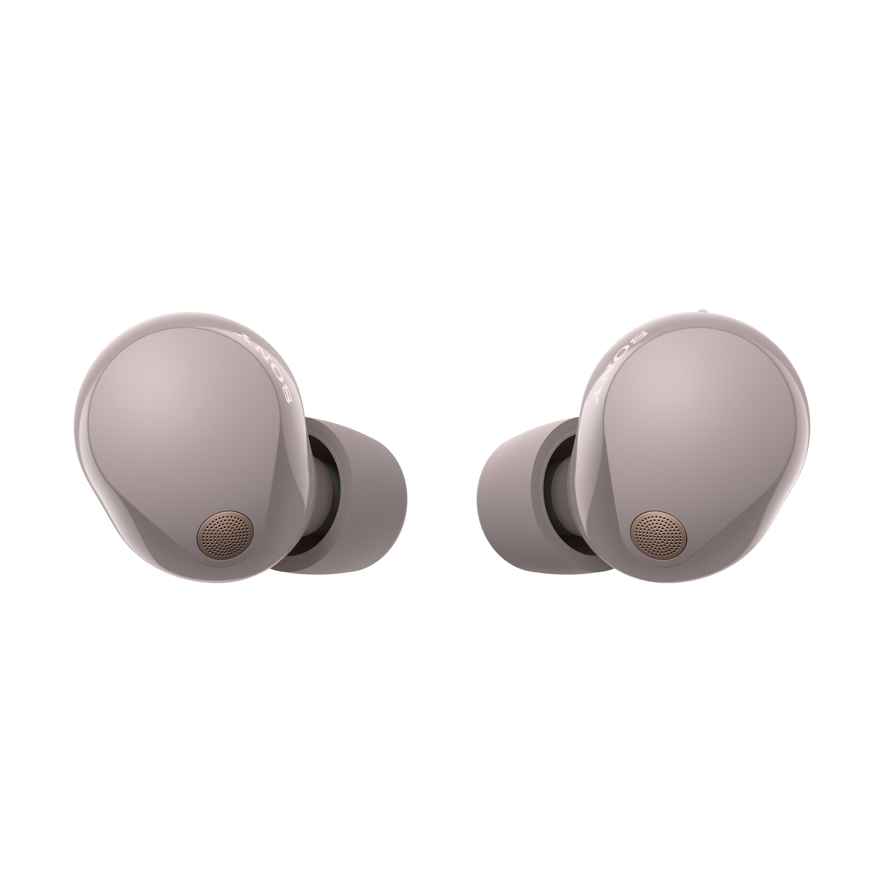 Dos auriculares grises, marca Sony, sobre fondo blanco.