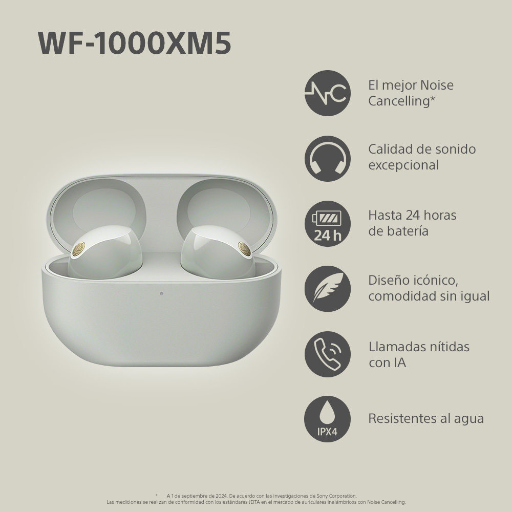 Auriculares en un estuche blanco, con texto e iconos.