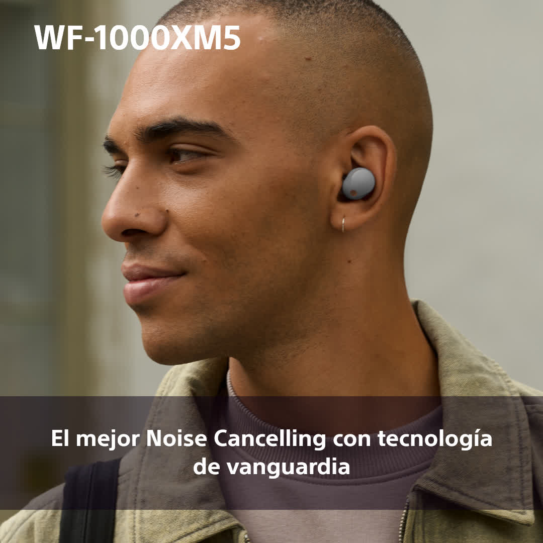 Un hombre con auriculares grises. El texto dice: “El mejor Noise Cancelling con tecnología de vanguardia”.