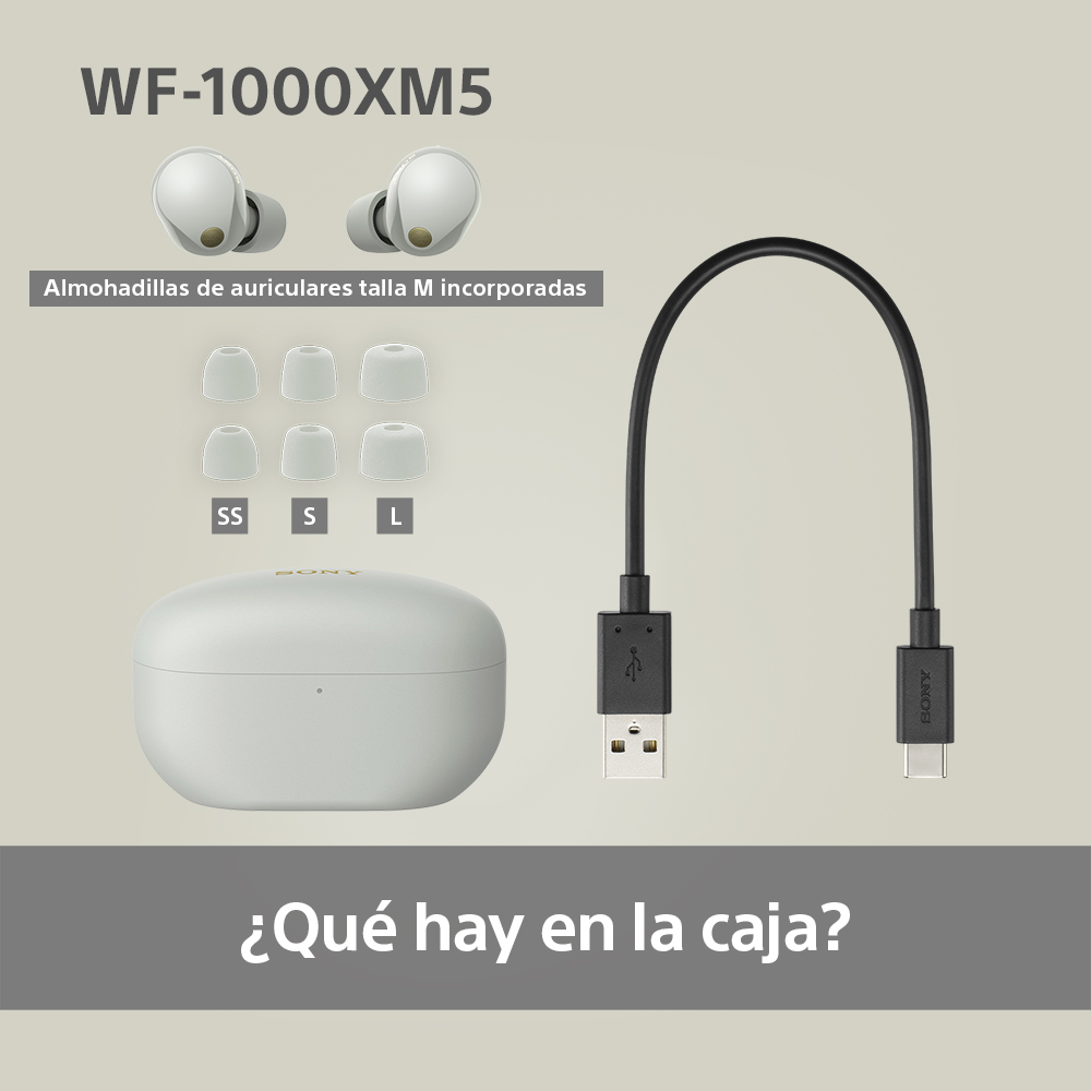 Auriculares blancos, estuche de carga y cable de carga. Texto: '¿Qué hay en la caja?'