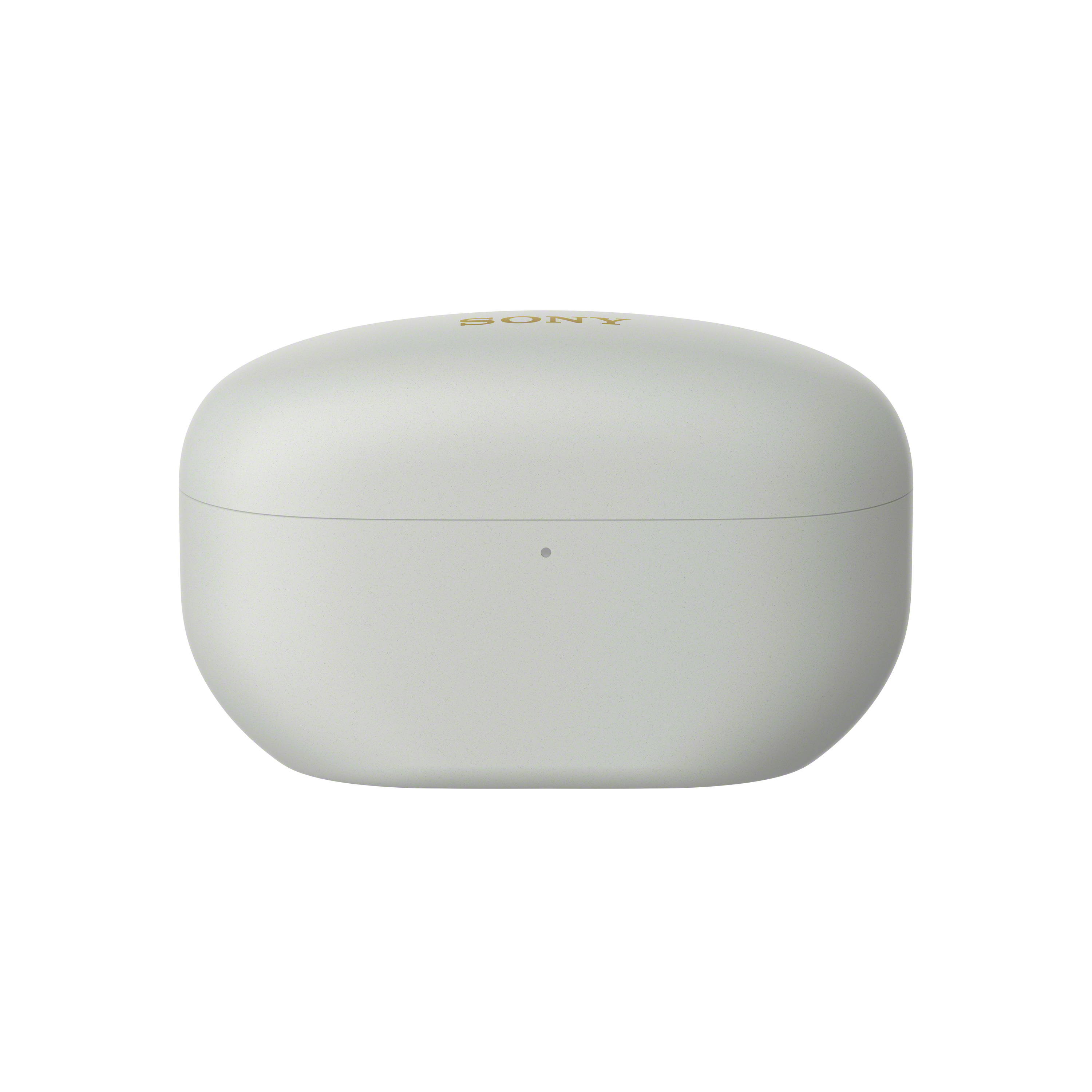 Un estuche de auriculares blanco cerrado. La palabra SONY está impresa.