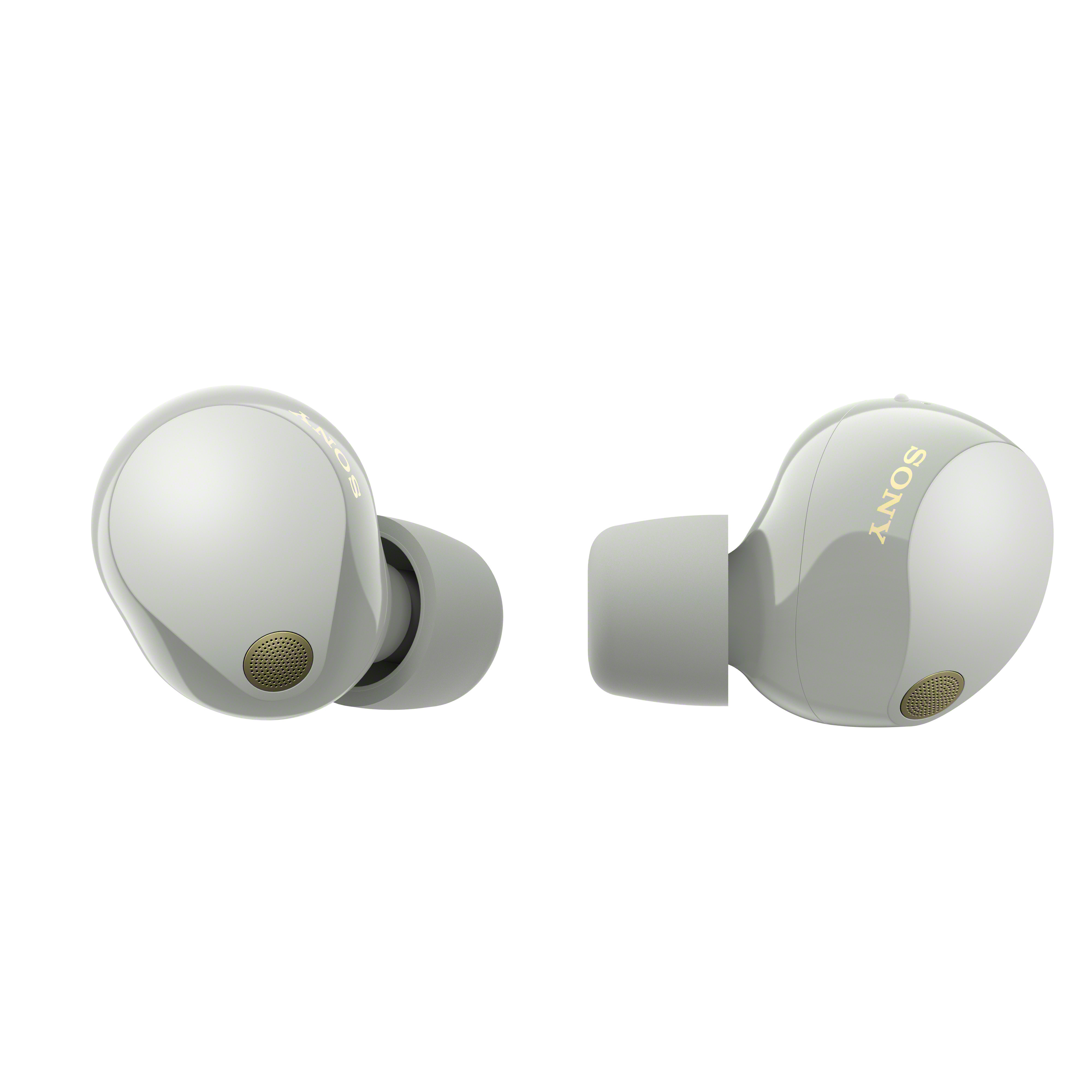 Dos auriculares grises, vista en ángulo, fondo blanco, detalles dorados.