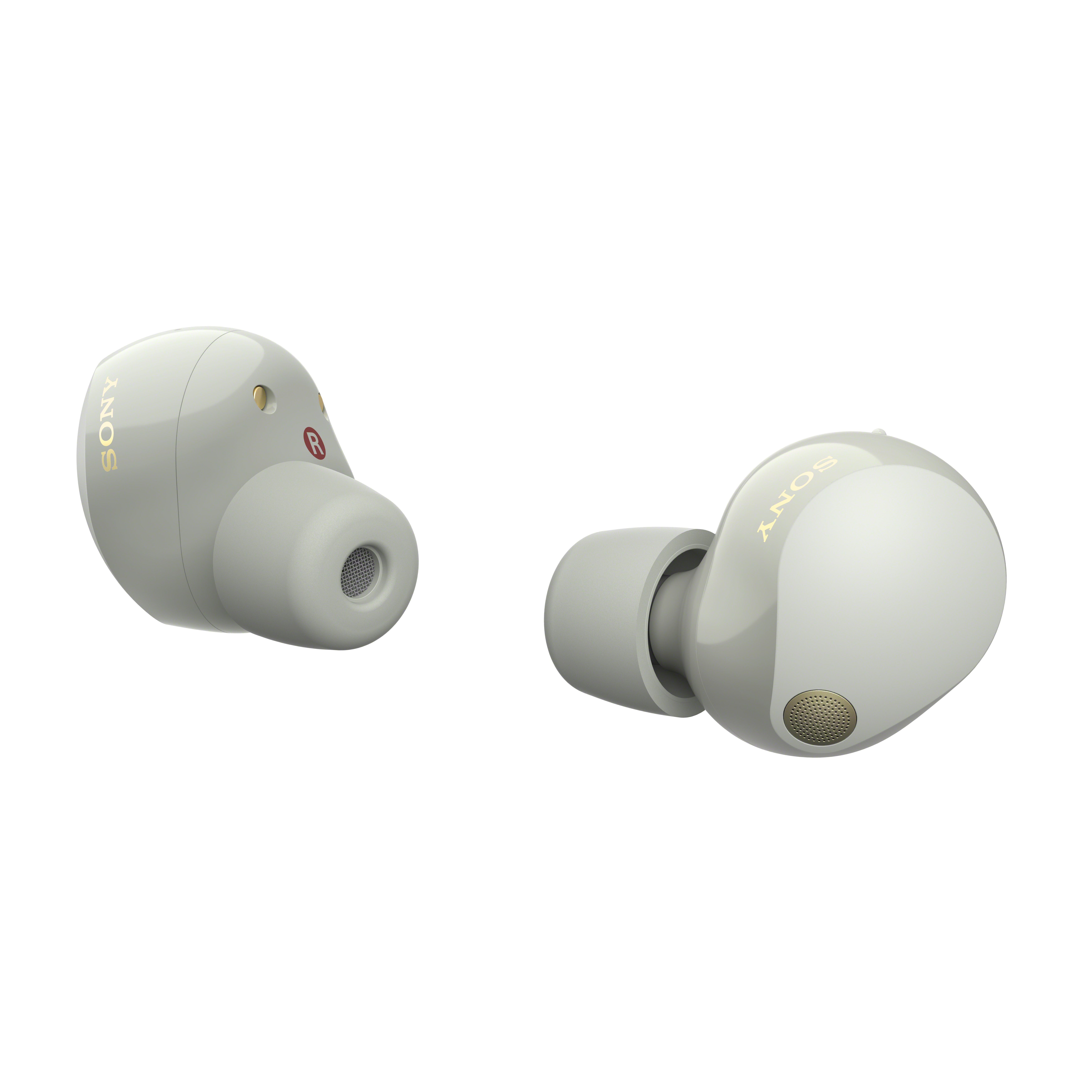 Dos auriculares Sony gris claro, uno con la marca 'R' visible, sobre fondo blanco.