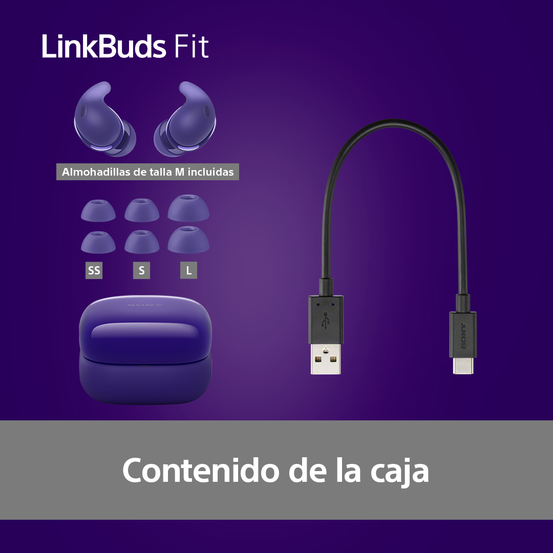 Caja con auriculares LinkBuds Fit, cable de carga y almohadillas de varios tamaños.
