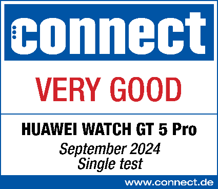Connect-Magazin-Cover. Text: Sehr gut, HUAWEI WATCH GT 5 Pro, September 2024, Einzeltest. Blauer Hintergrund.
