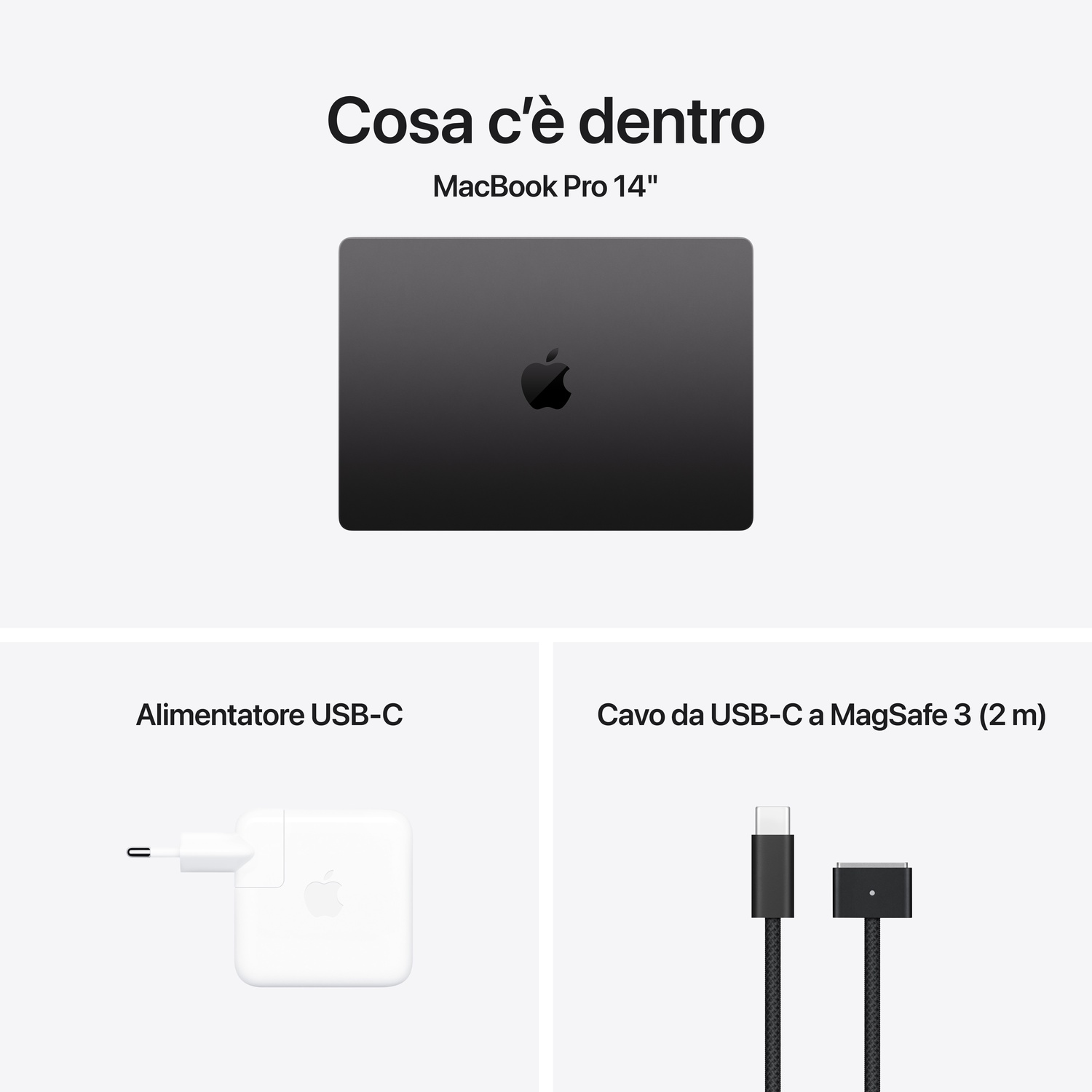 Scatola con MacBook Pro, adattatore di alimentazione USB-C, cavo USB-C a MagSafe 3.