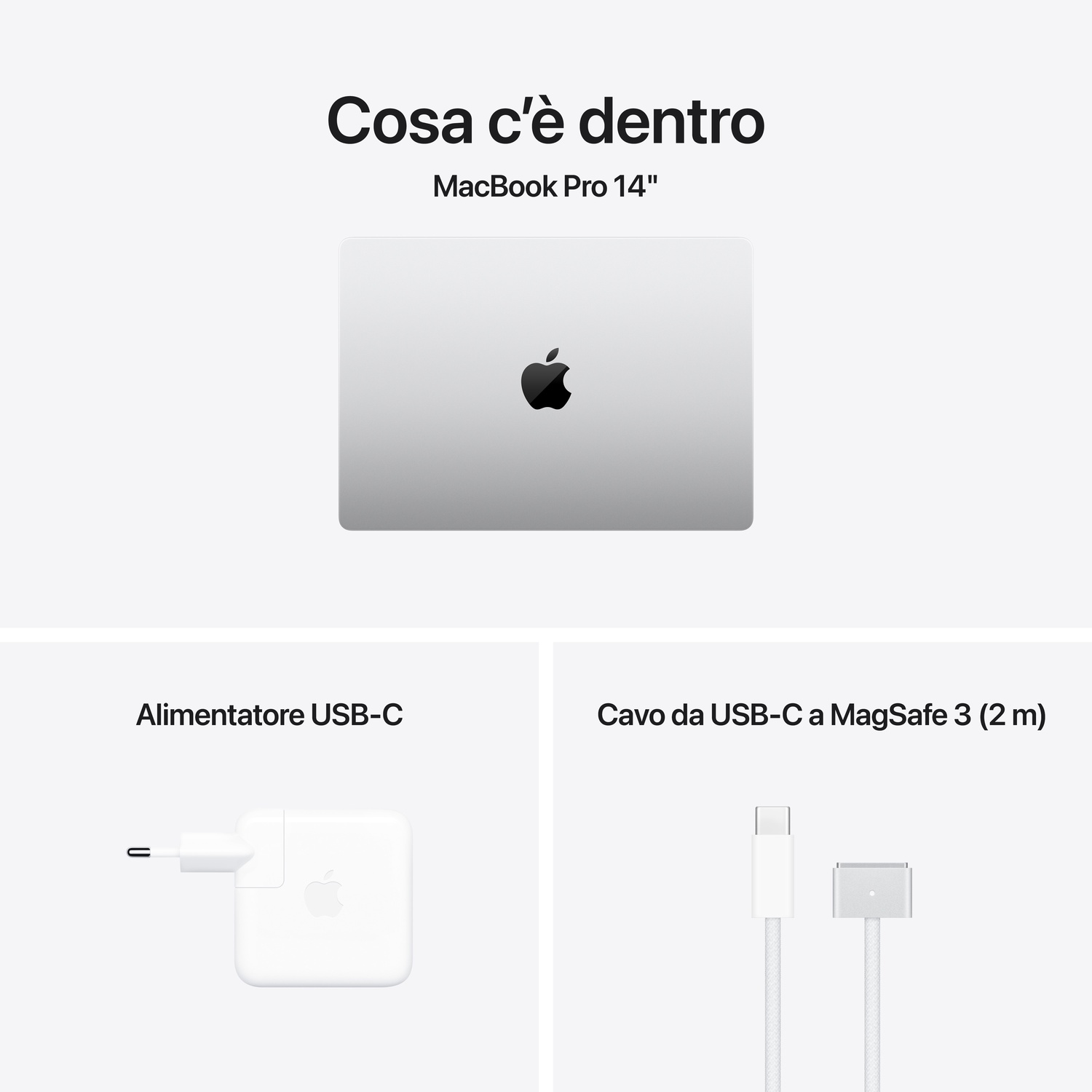 L'immagine mostra MacBook Pro 14" con caricabatterie e cavo USB-C a MagSafe 3.