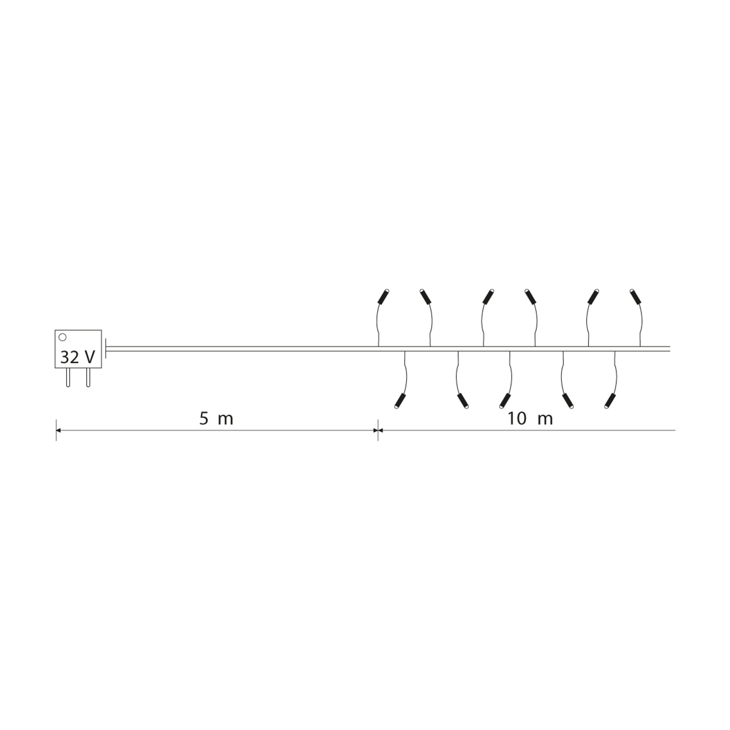 Diagramma di luci su un filo con misure, connettore 32V.