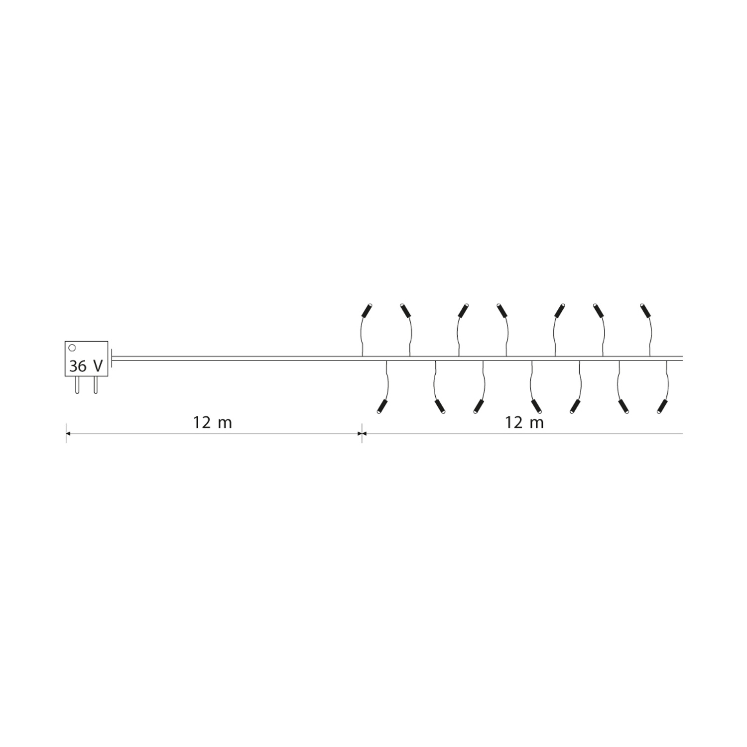 Diagramma di luci su un filo con misure, connettore 36V.