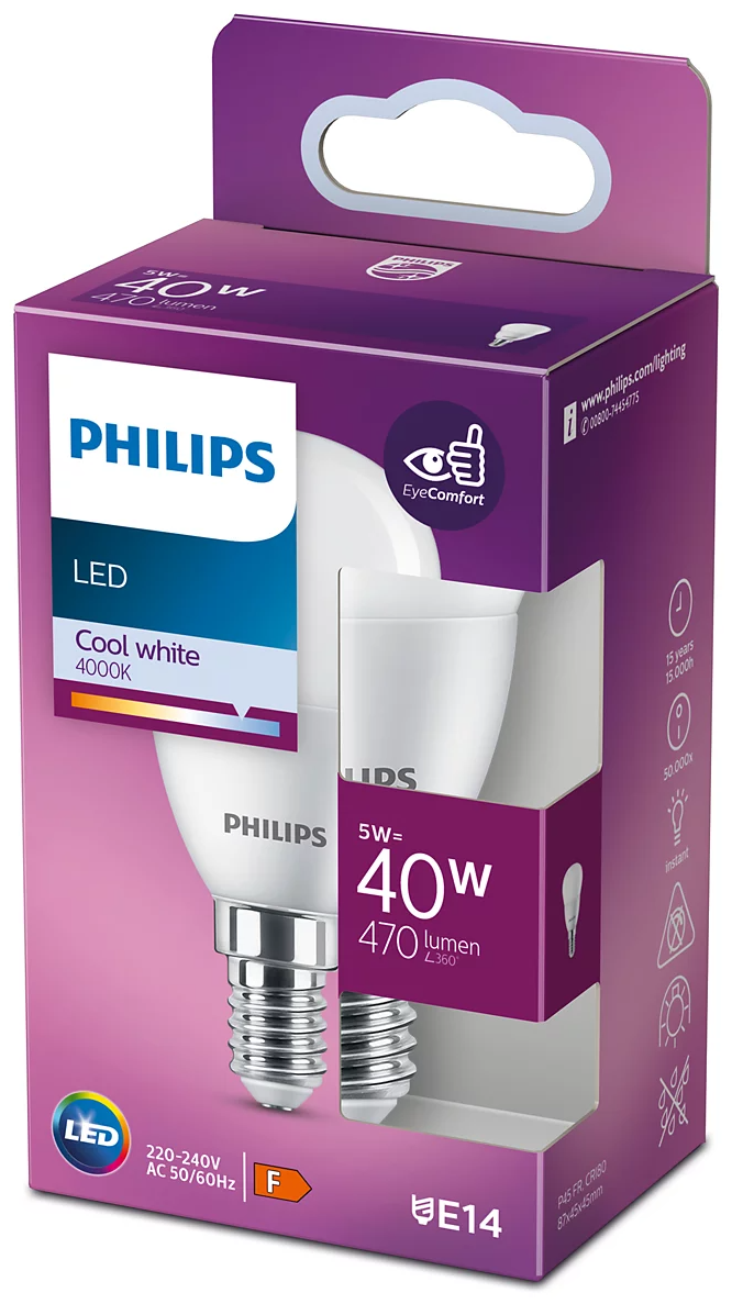 Philips LED izzó egy lila-fehér dobozban, termékinformációkkal és E14 foglalattal.