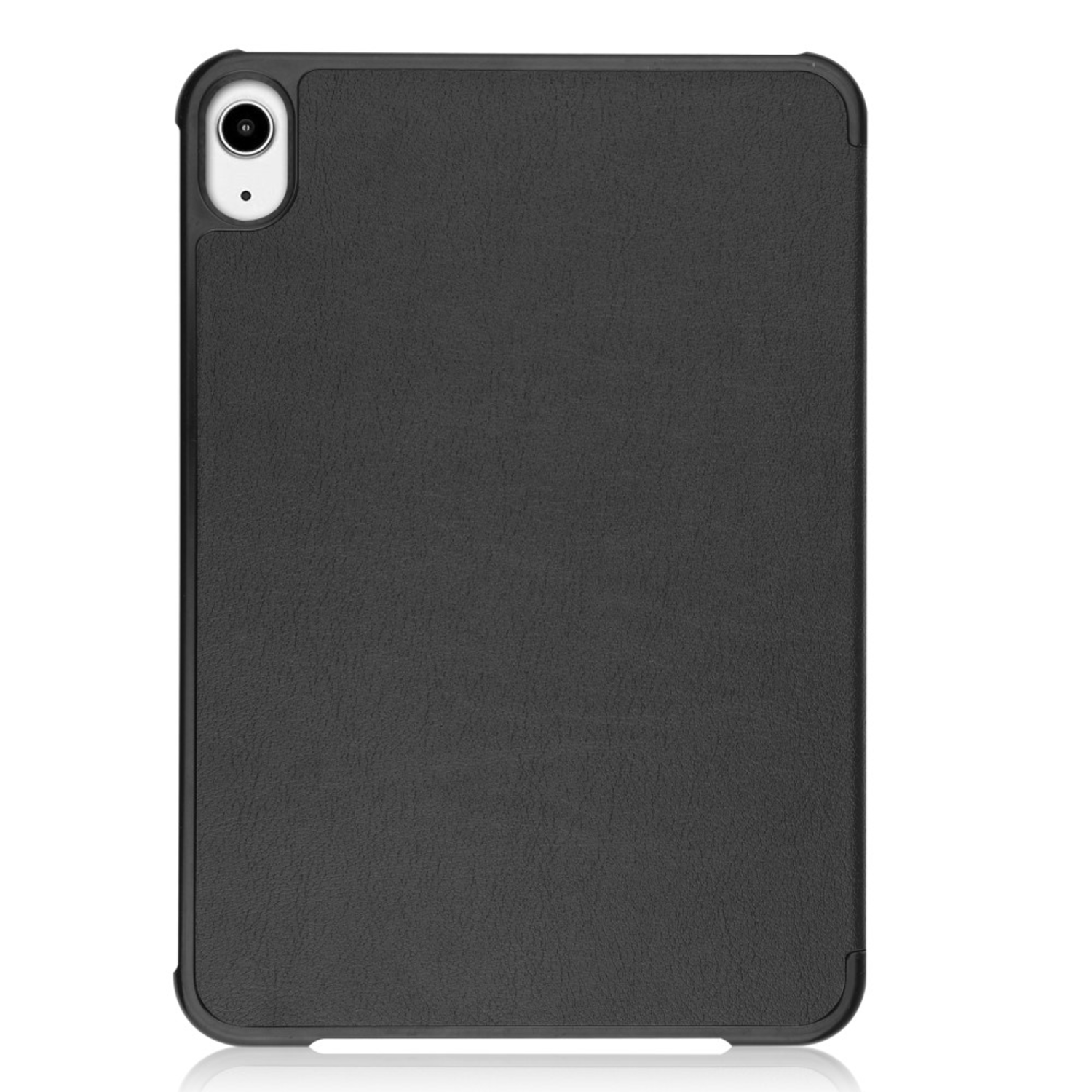 A black tablet case with a camera and a black frame, on a white surface.