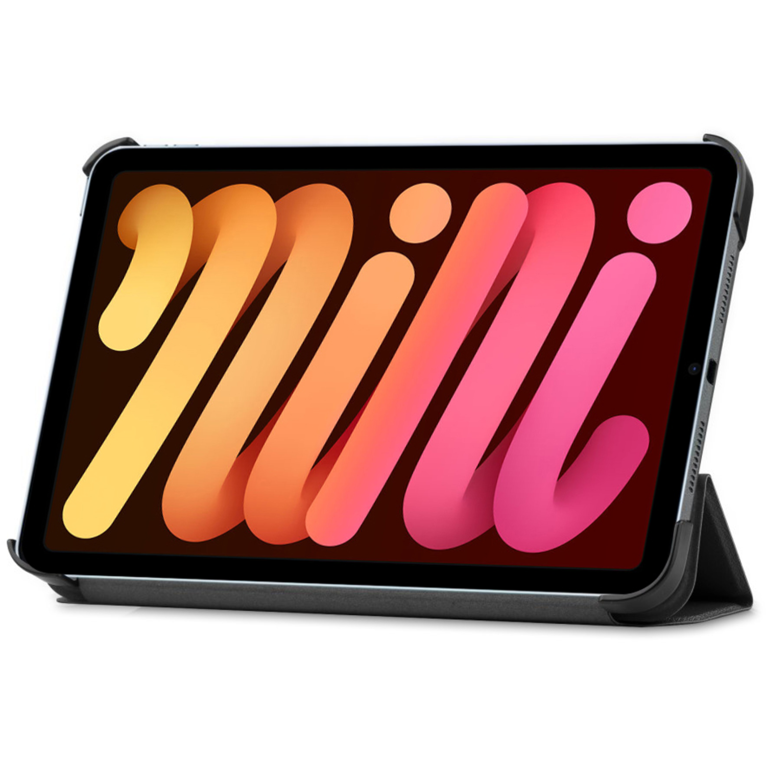 Tablet with a colorful display in a black case on a white surface. The screen shows a gradient.