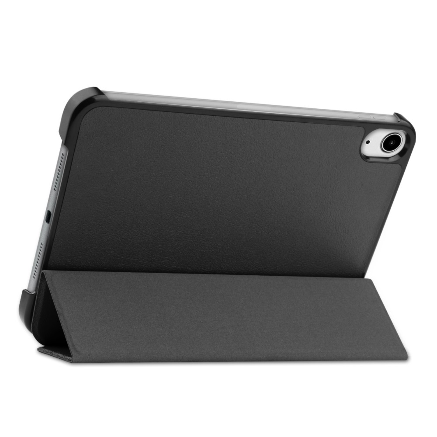 A black tablet case with a folding cover, partially opened, on a white background.