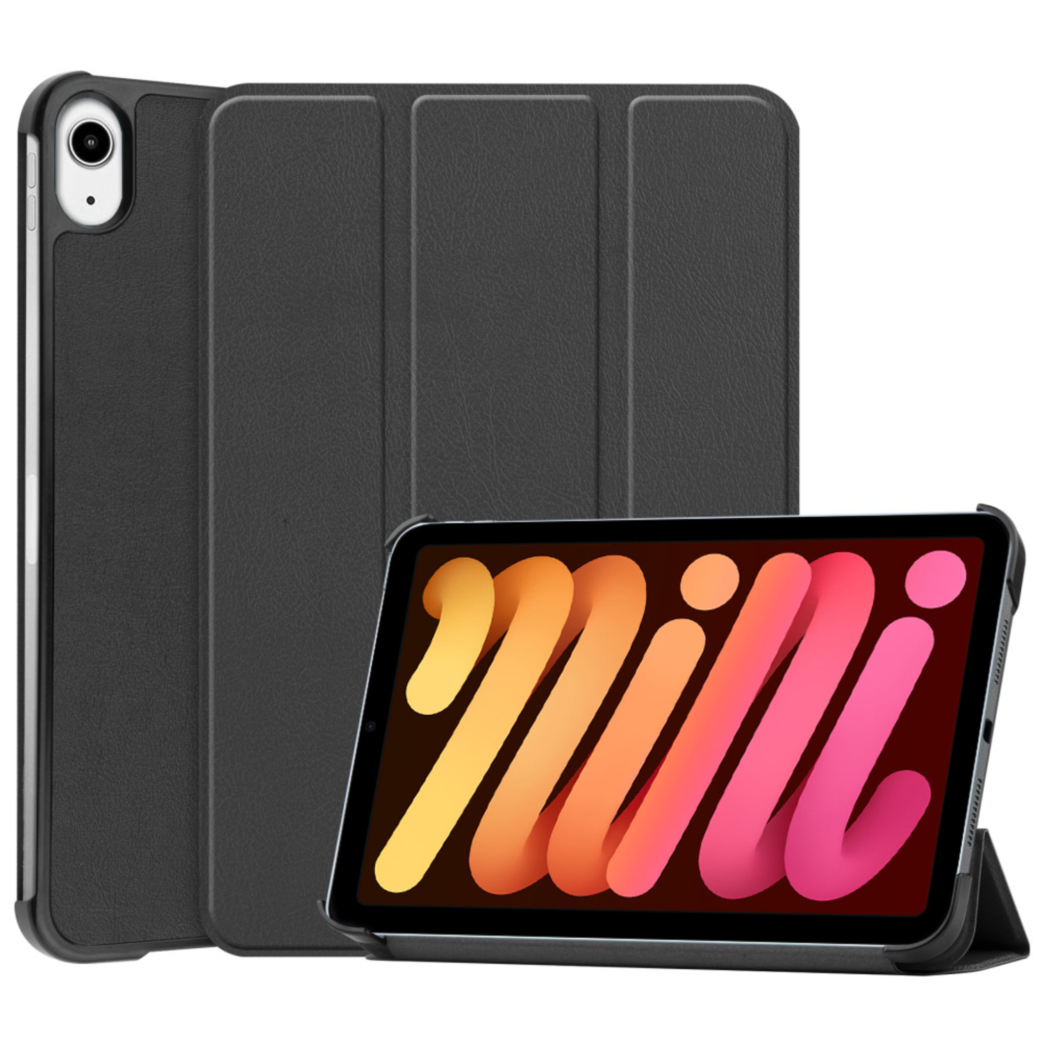 Black tablet in a case, with the case open to display the screen.