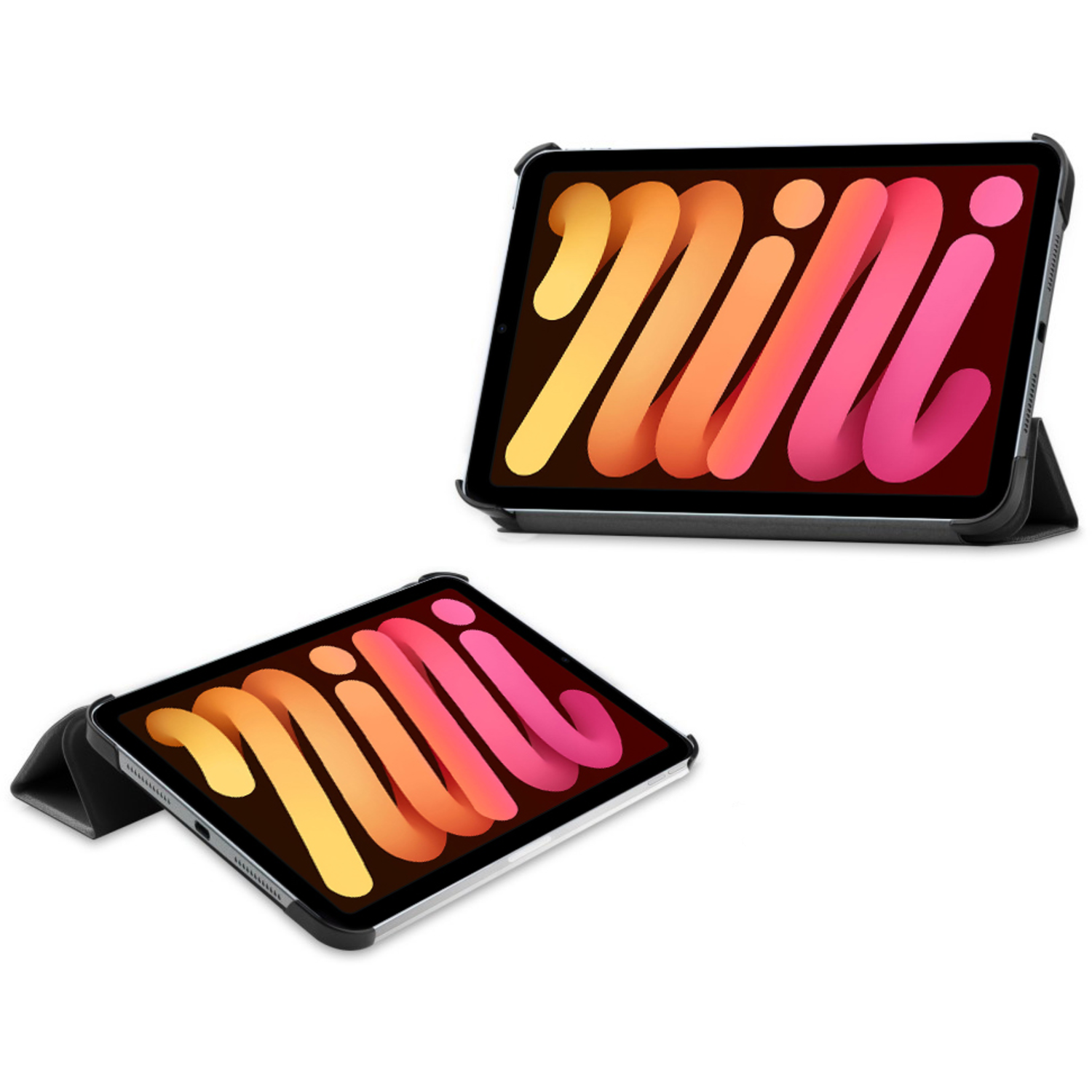 Two tablets in black case with a colorful display. White background.