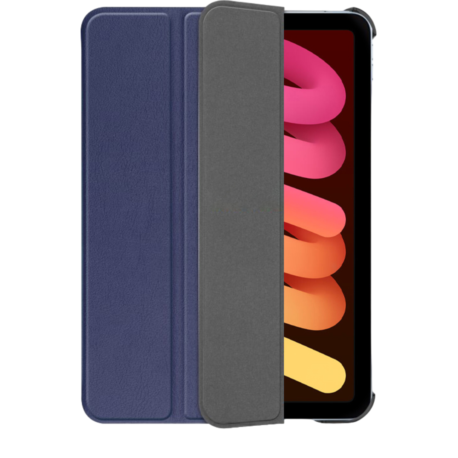 A blue iPad mini case, open to show the screen. The screen displays a colorful, abstract design.