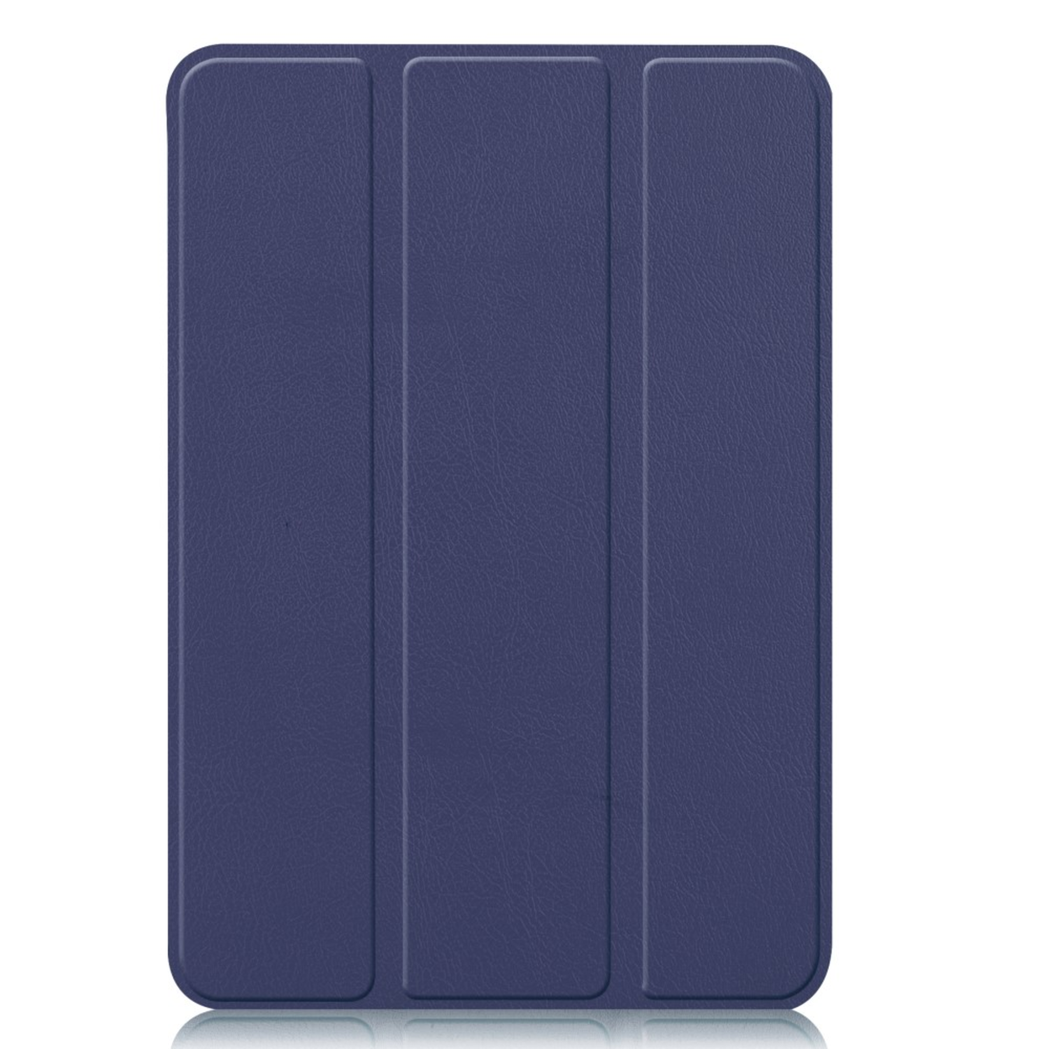Navy blue tablet case, closed. Three-panel design. Smooth leather-like texture.