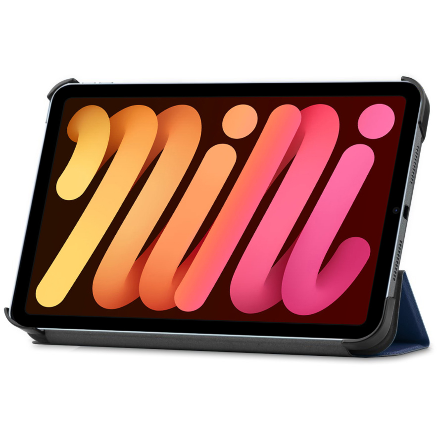 An iPad Mini in a protective case. The screen displays a colorful abstract image.