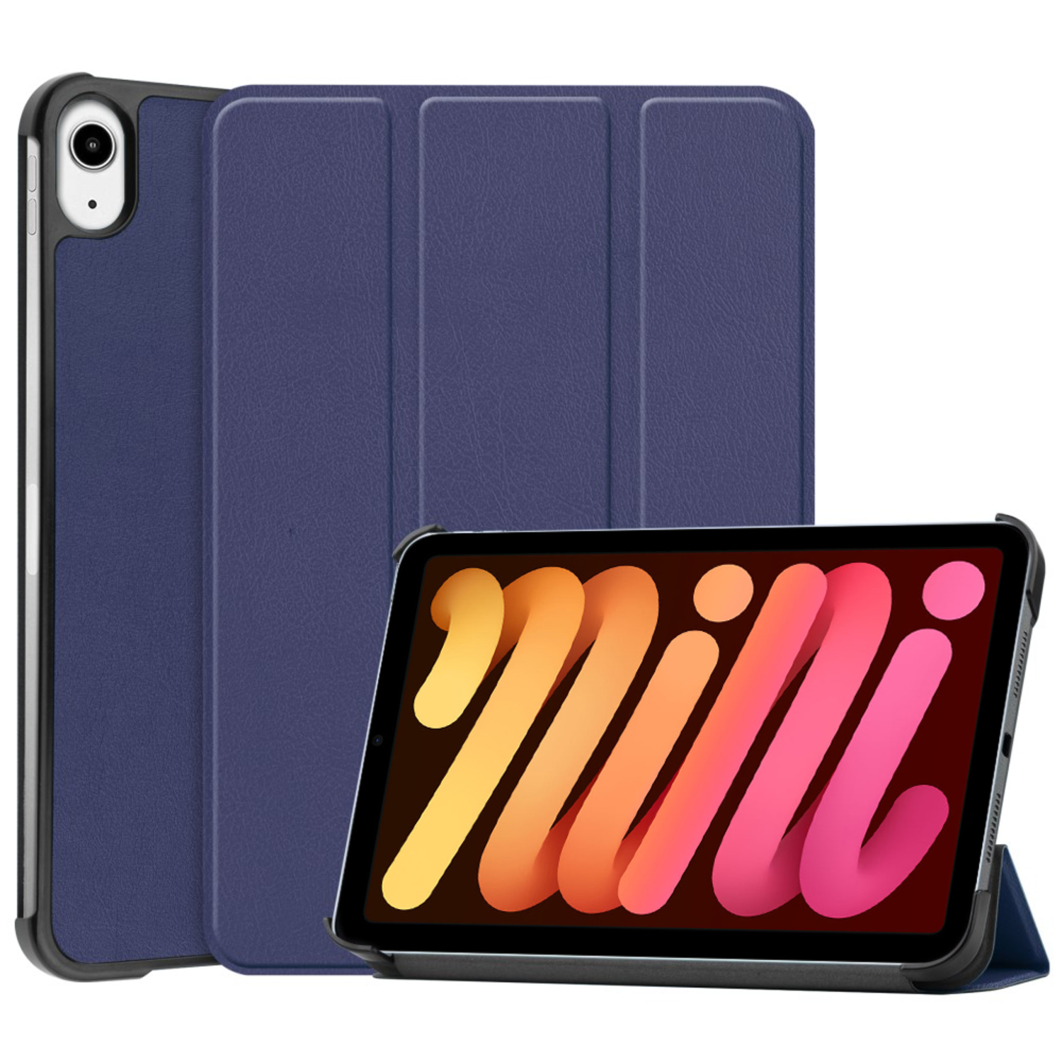 Blue tablet case with a tablet inside. The tablet is in the open position. The cover is up.