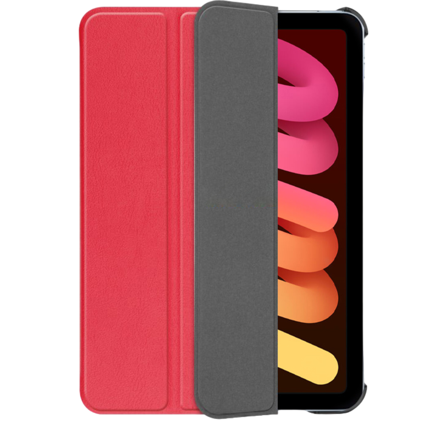 Red tablet case open. Black tablet inside. Black background.