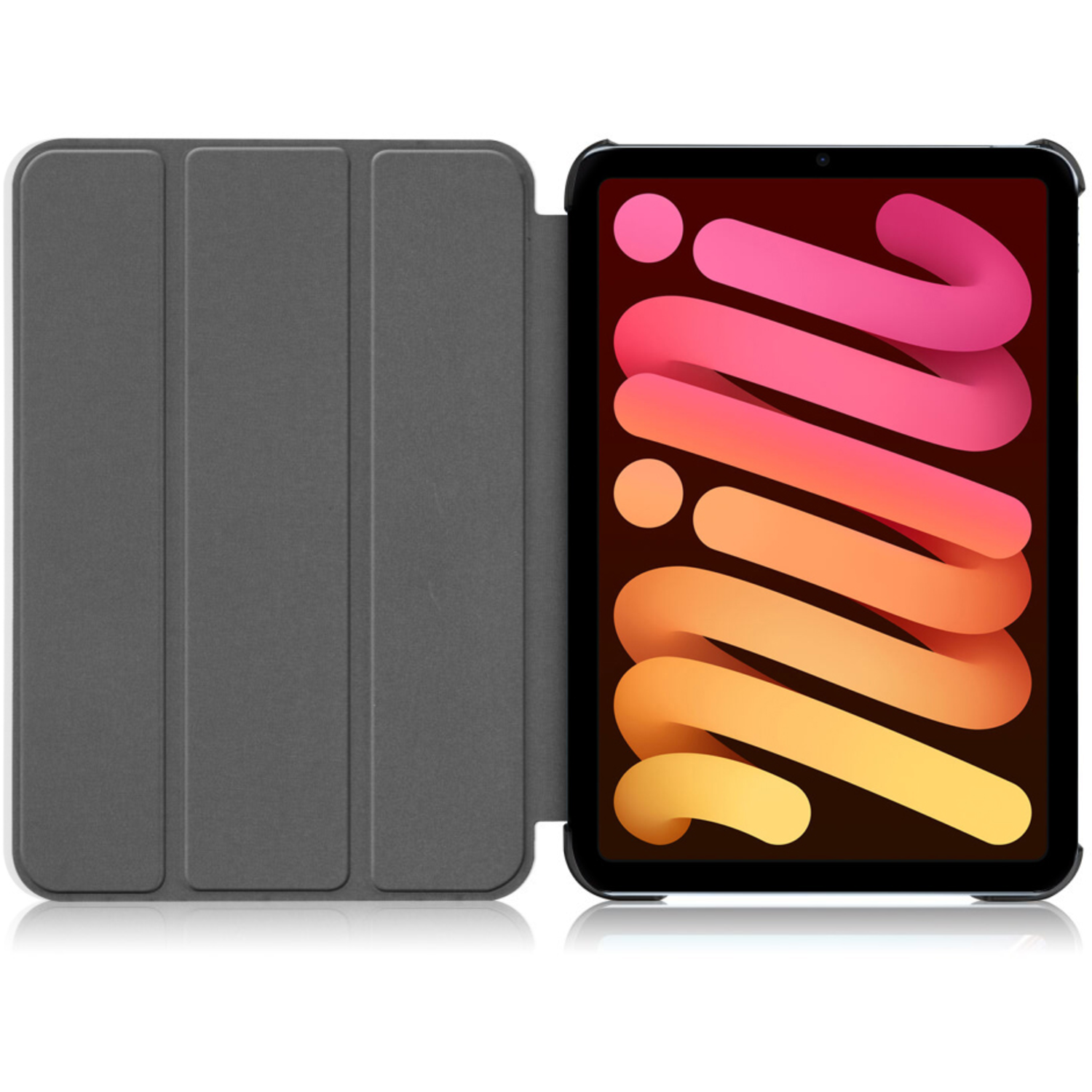 Gray tablet case opened to reveal a tablet with a colorful abstract background.