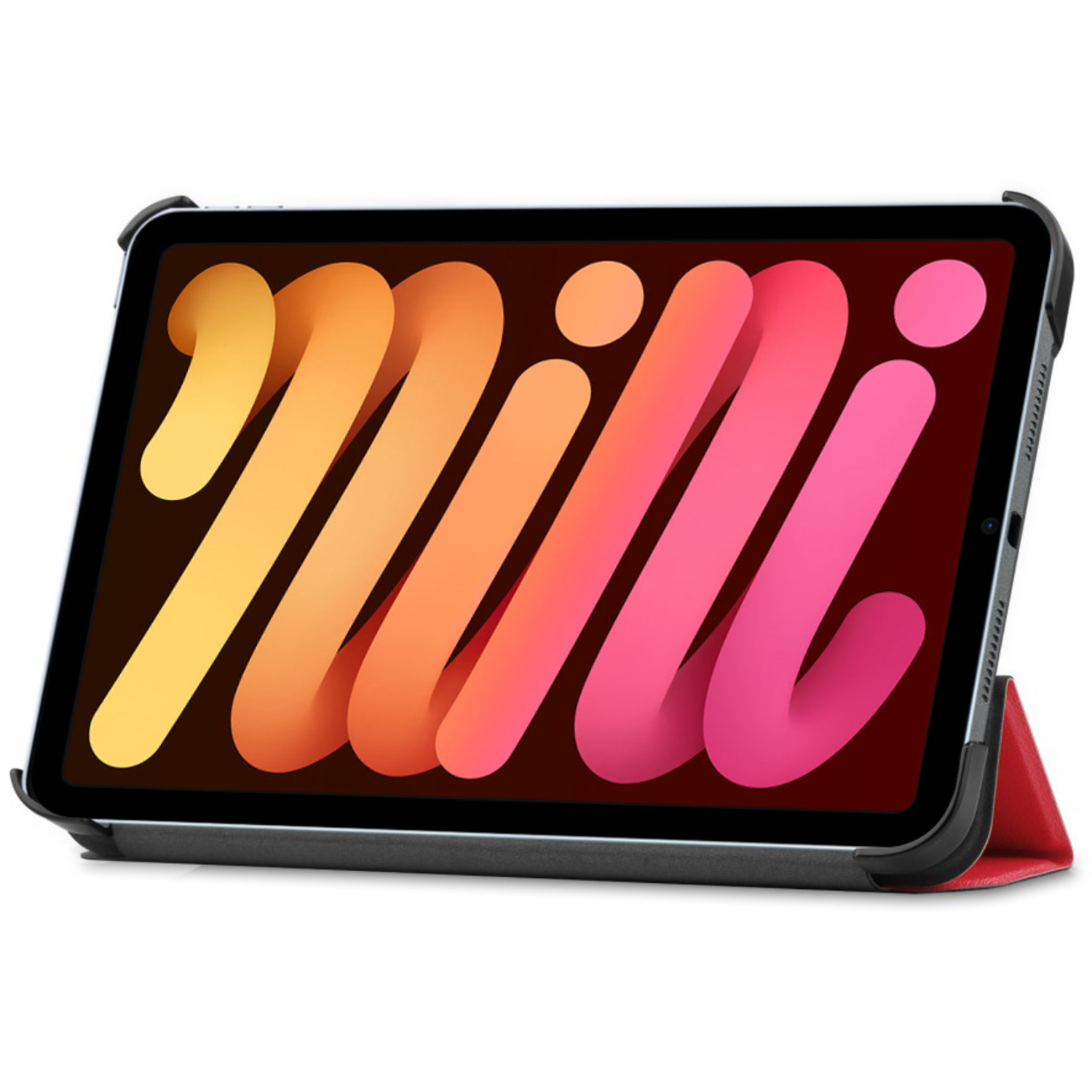 An iPad Mini in a case with a stand. The screen displays a colorful design.