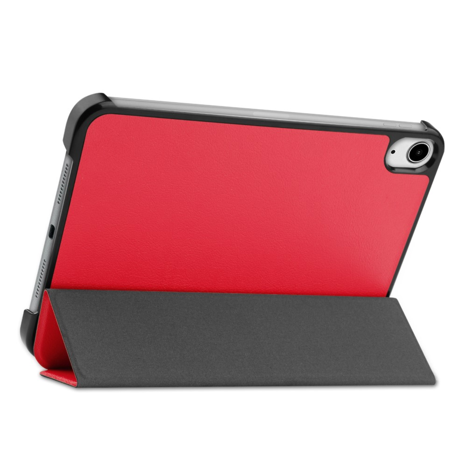 Red iPad case. The iPad is propped up at an angle. Black trim on the sides.