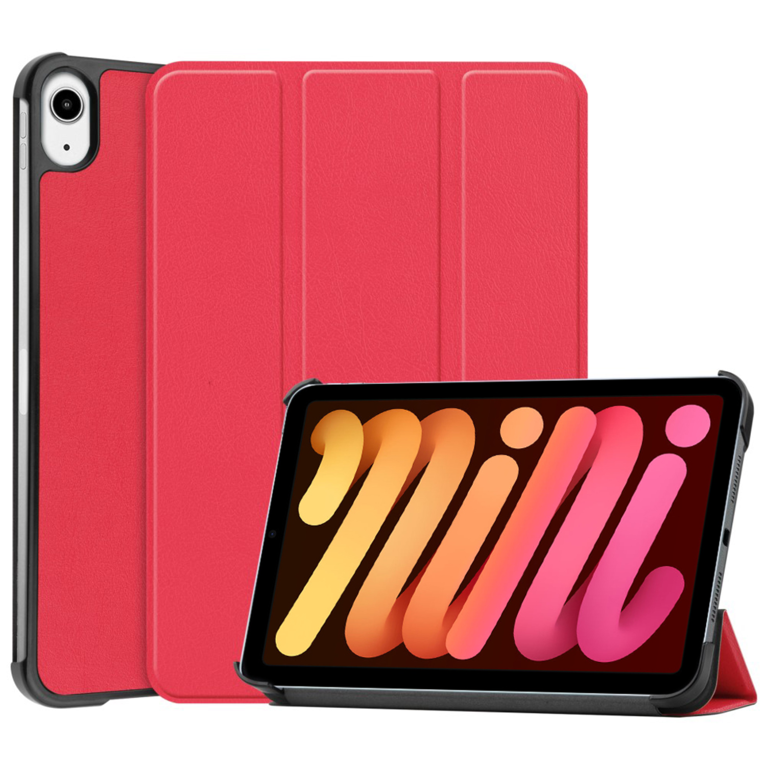 Red tablet case with a tablet inside. The case is open showing the tablet's screen.