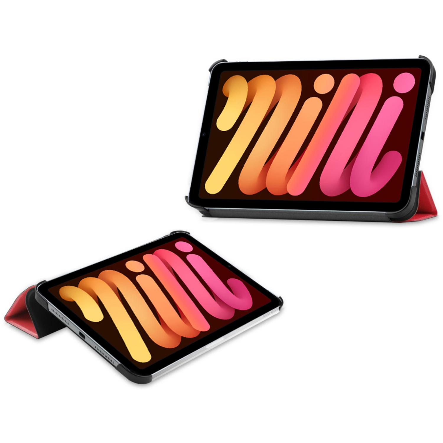 Two iPad mini tablets in a case. One is open, the other shows the back.
