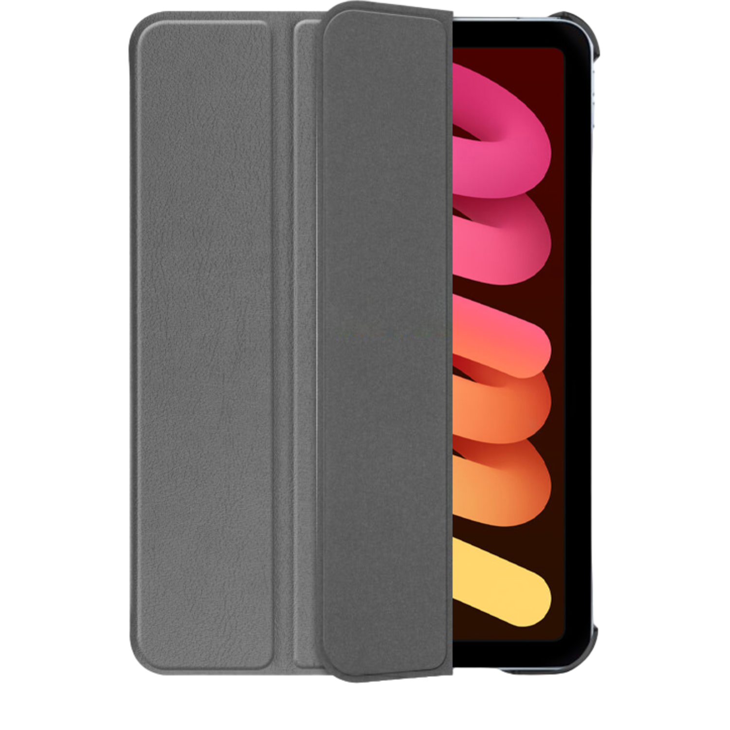 Gray tablet cover with a tablet inside. The tablet displays a colorful abstract background.