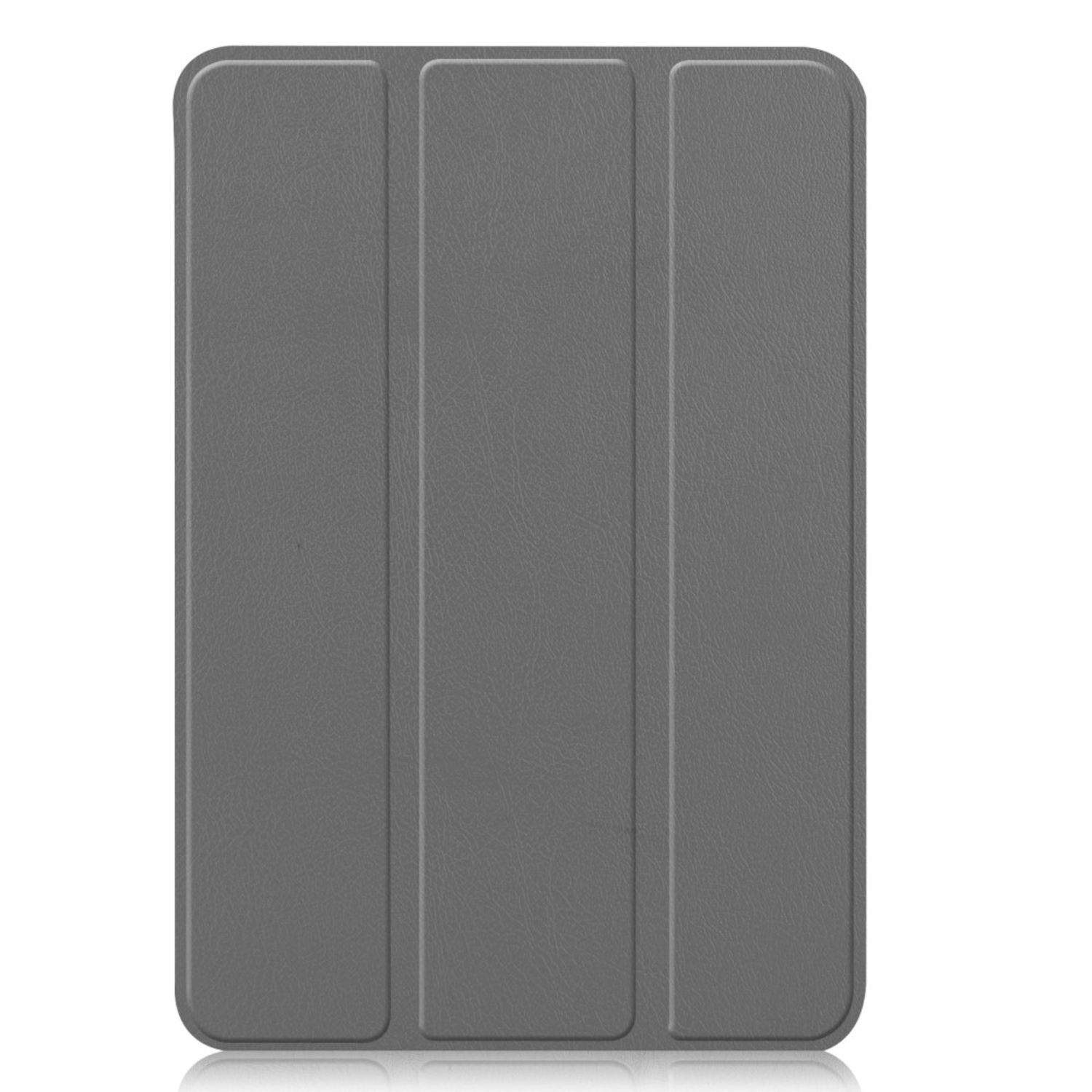 Gray tablet case, closed, with a subtle texture, white background.