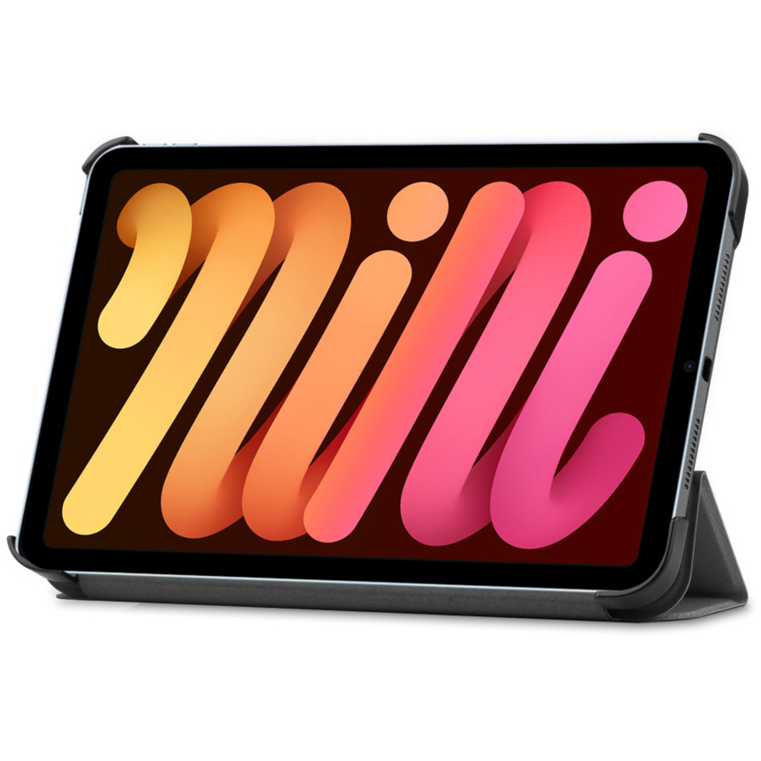 A tablet in a case with a colorful abstract design on the screen.