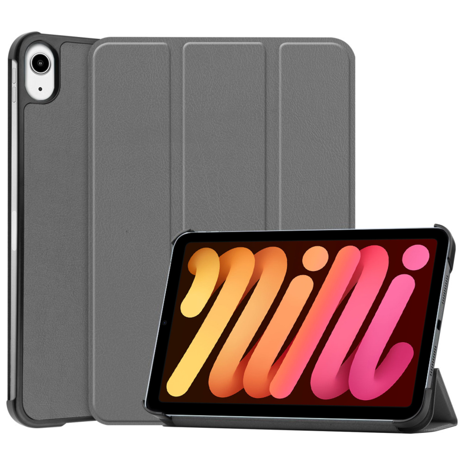 A tablet in a gray case, with the case open and standing upright.