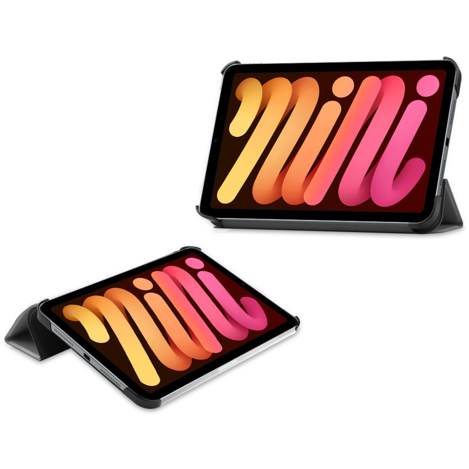 Two iPads in cases, one open, showing screen with colorful design.