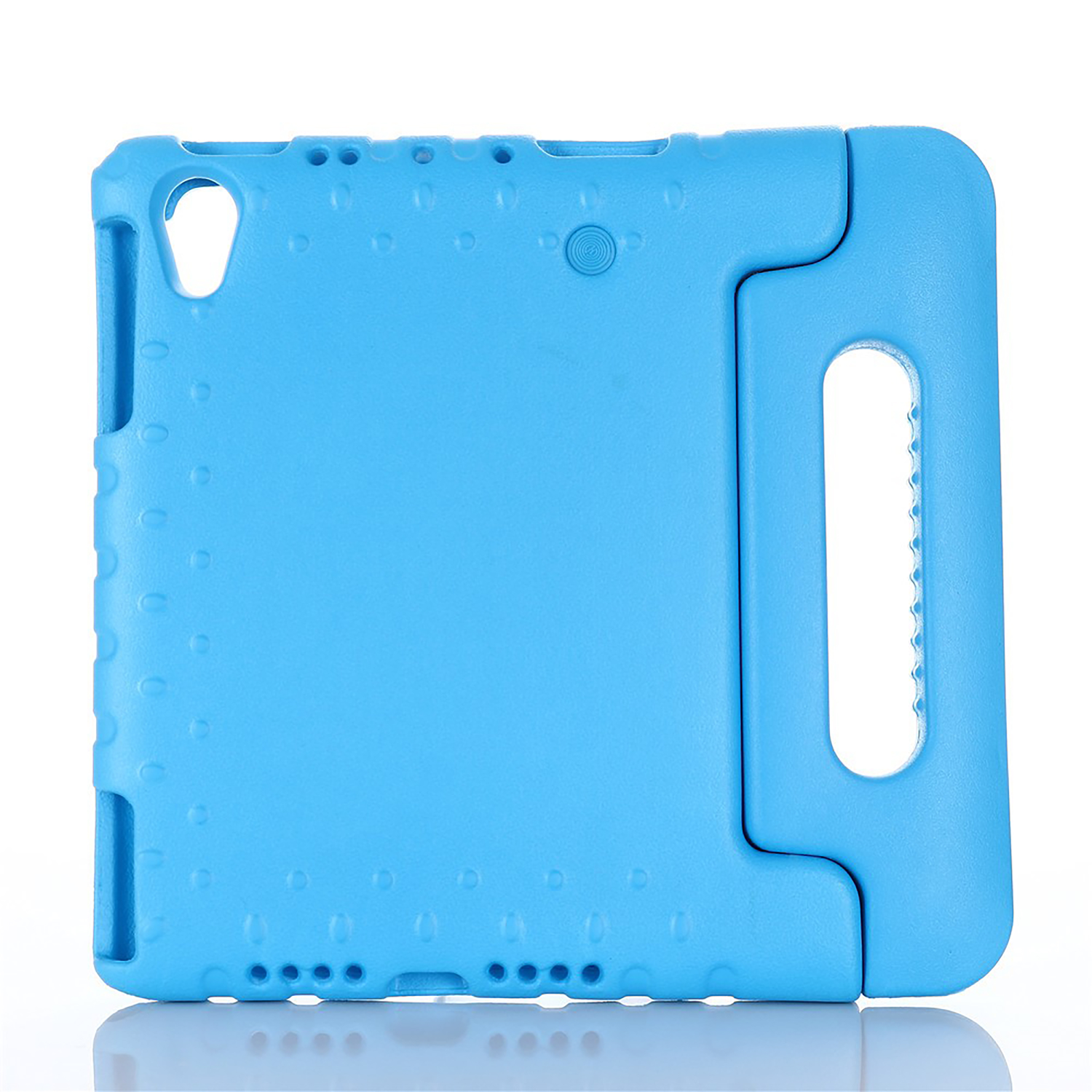 Blue tablet case with handle and port cutouts, on a white background.